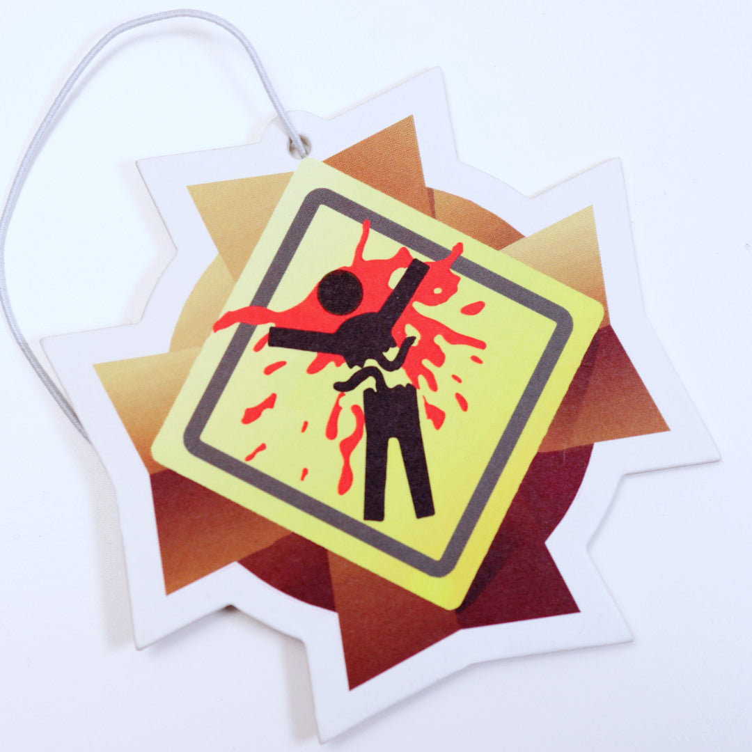 Close up of Halo Splatter Medal car air freshener, inspired by Halo video game. Size: H: 9cm, W: 9cm. Currently stock