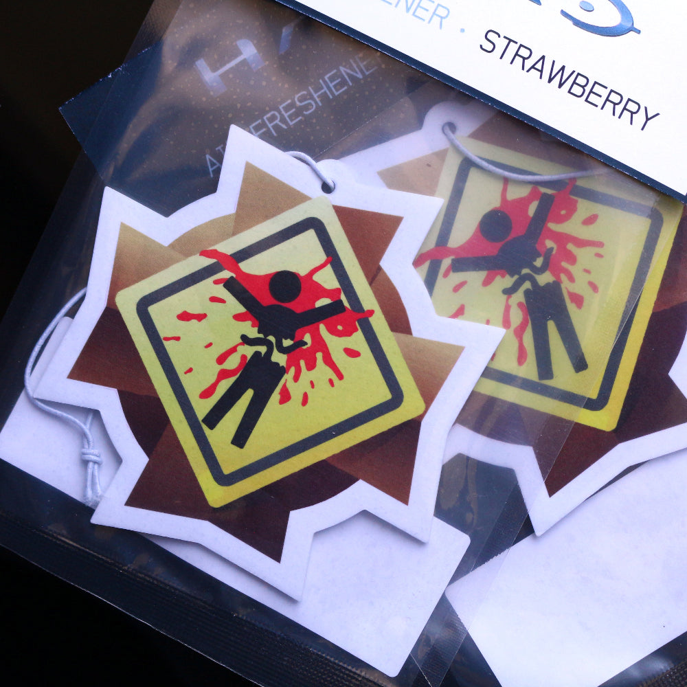 Halo Splatter Medal car air freshener card strawberry scent. Each air freshener comes sealed and each includes an elastic tie.