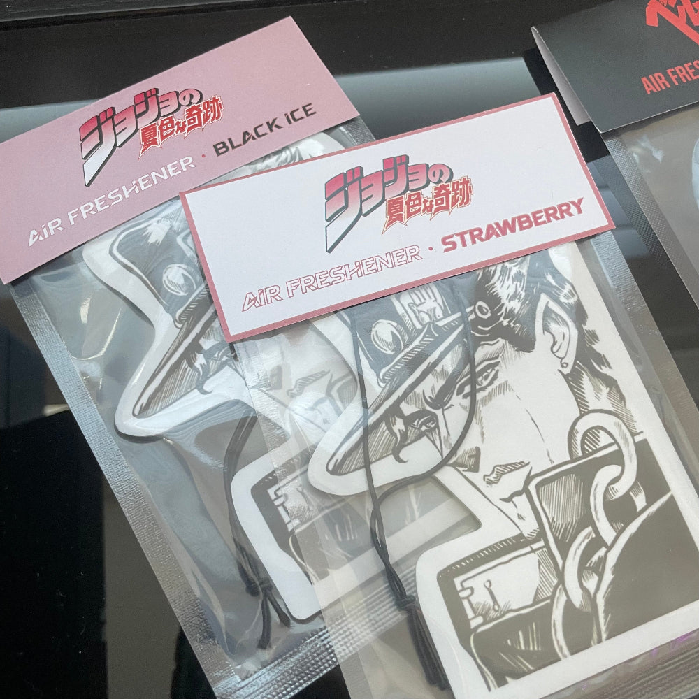 Jotaro Kujo car air freshener, inspired by Jojo's Bizarre Adventure. Available in Black Ice and Strawberry scents.