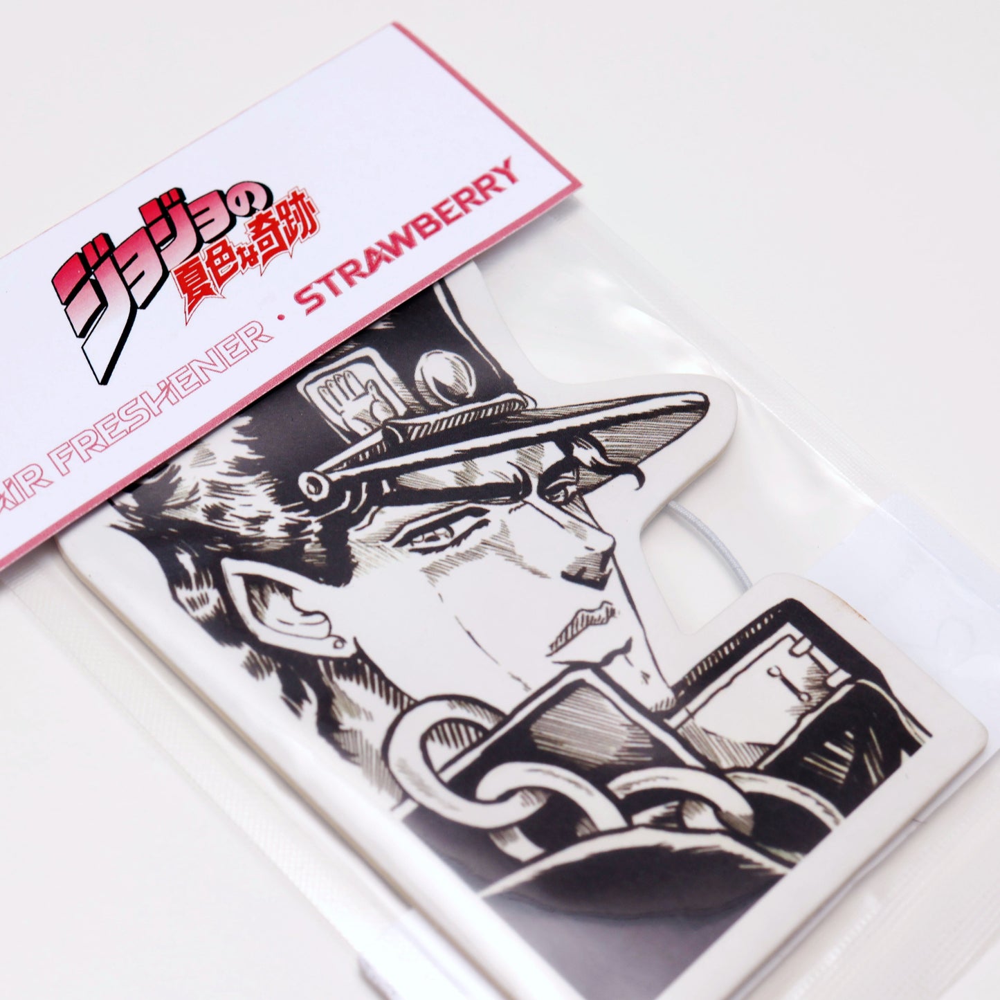 Jotaro Kujo air freshener Strawberry scent provides a sweet and fruity aroma to uplift your spirits. Each air freshener comes sealed and includes an elastic tie for easy placement.