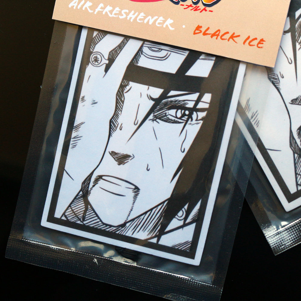 Naruto Itachi air freshener design in sealed packaging, Black Ice scent. Inspired by Naruto manga.