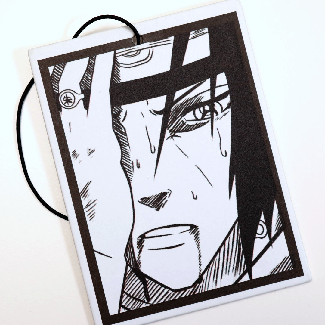 Naruto Itachi air freshener design close up, inspired by Naruto manga