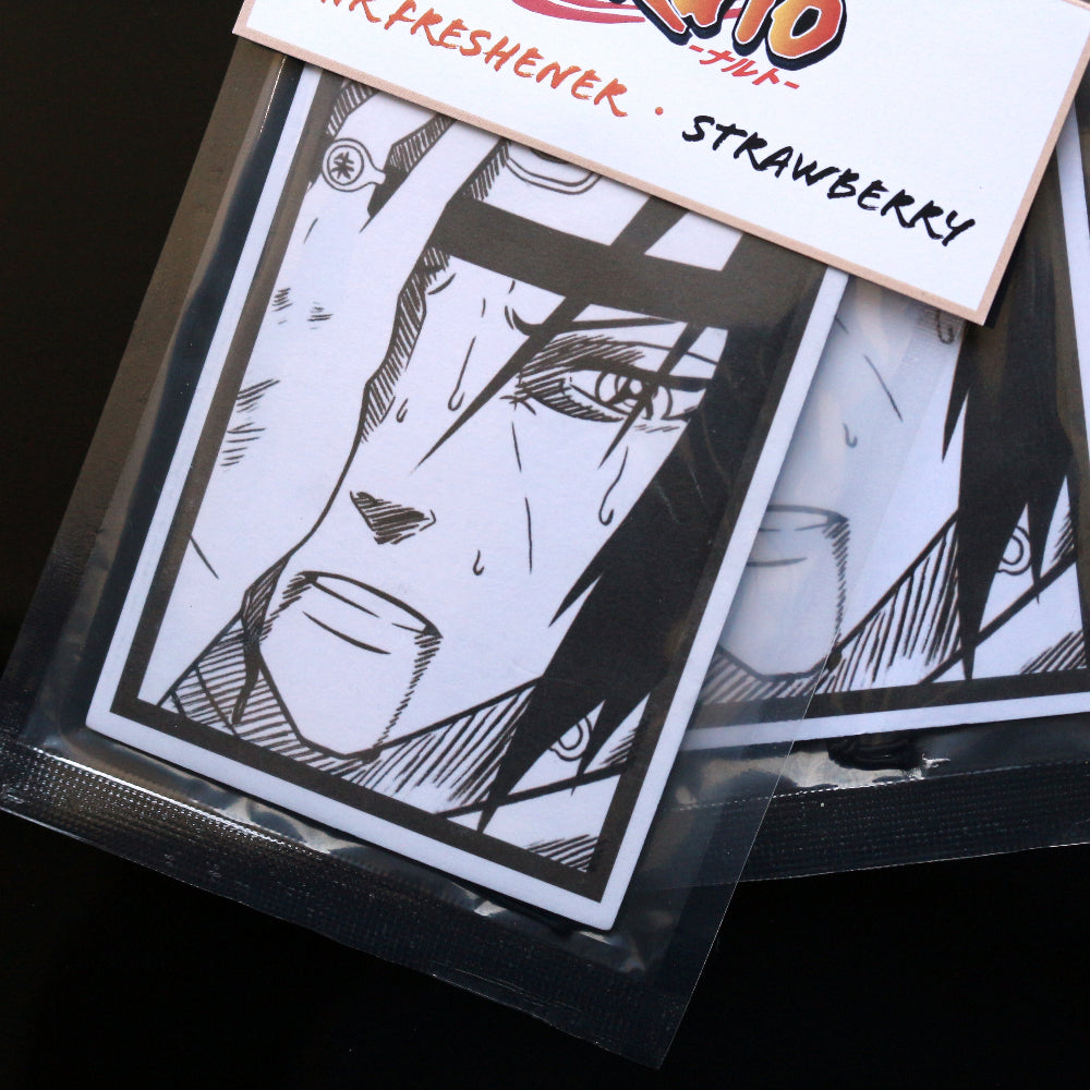 Naruto Itachi air freshener design in sealed packaging, Strawberry scent. Inspired by Naruto manga.