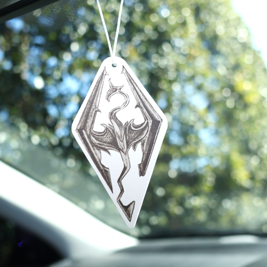 Perfect for Skyrim art enthusiasts, this Seal of Akatosh car air freshener card design inspired by Skyrim adds a touch of style to your car while keeping the air fresh.