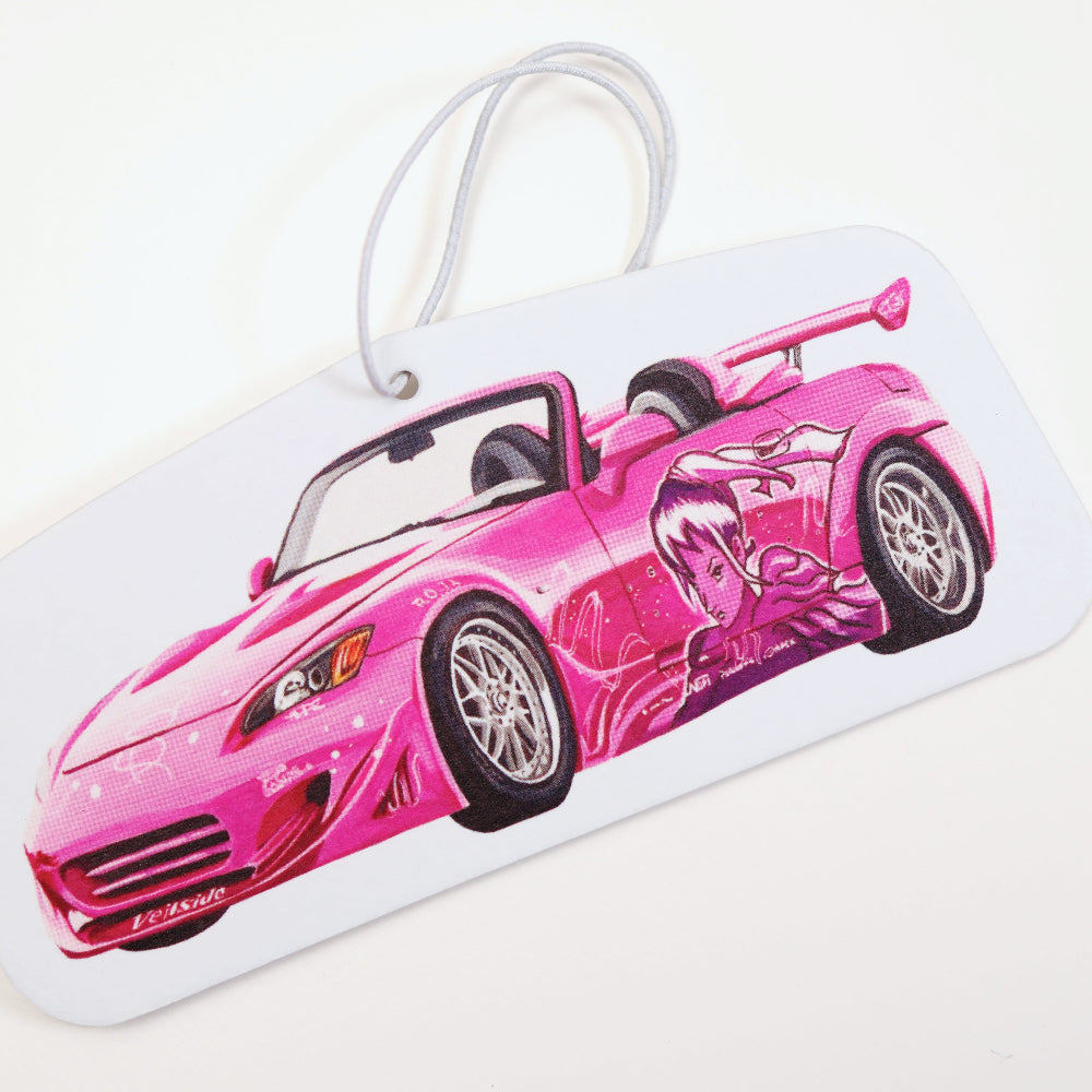 Closeup of Suki S2000 car air freshener inspired by Fast and Furious.