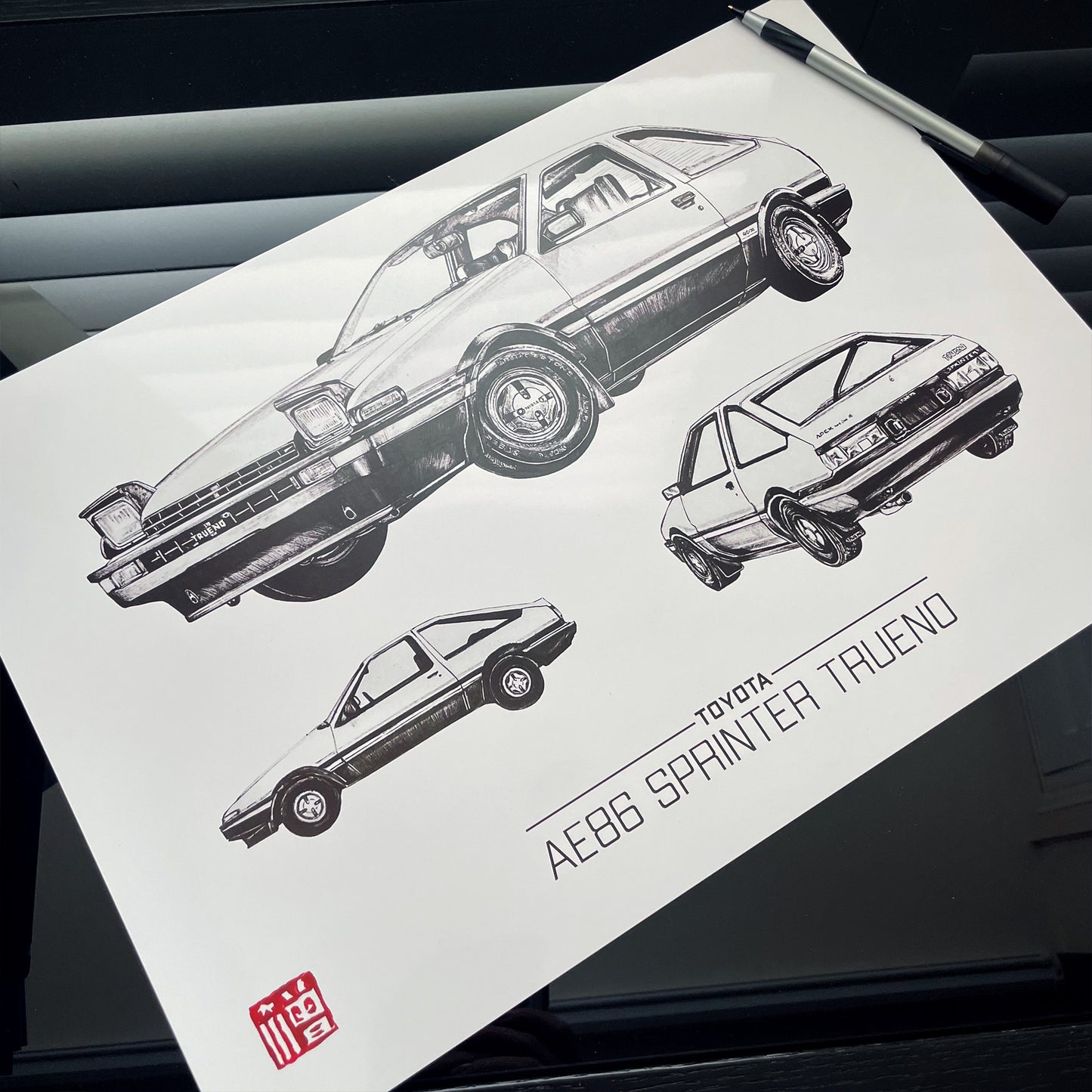 Ballpoint pen illustration of a Toyota AE86 Sprinter Trueno, inspired by Initial D.