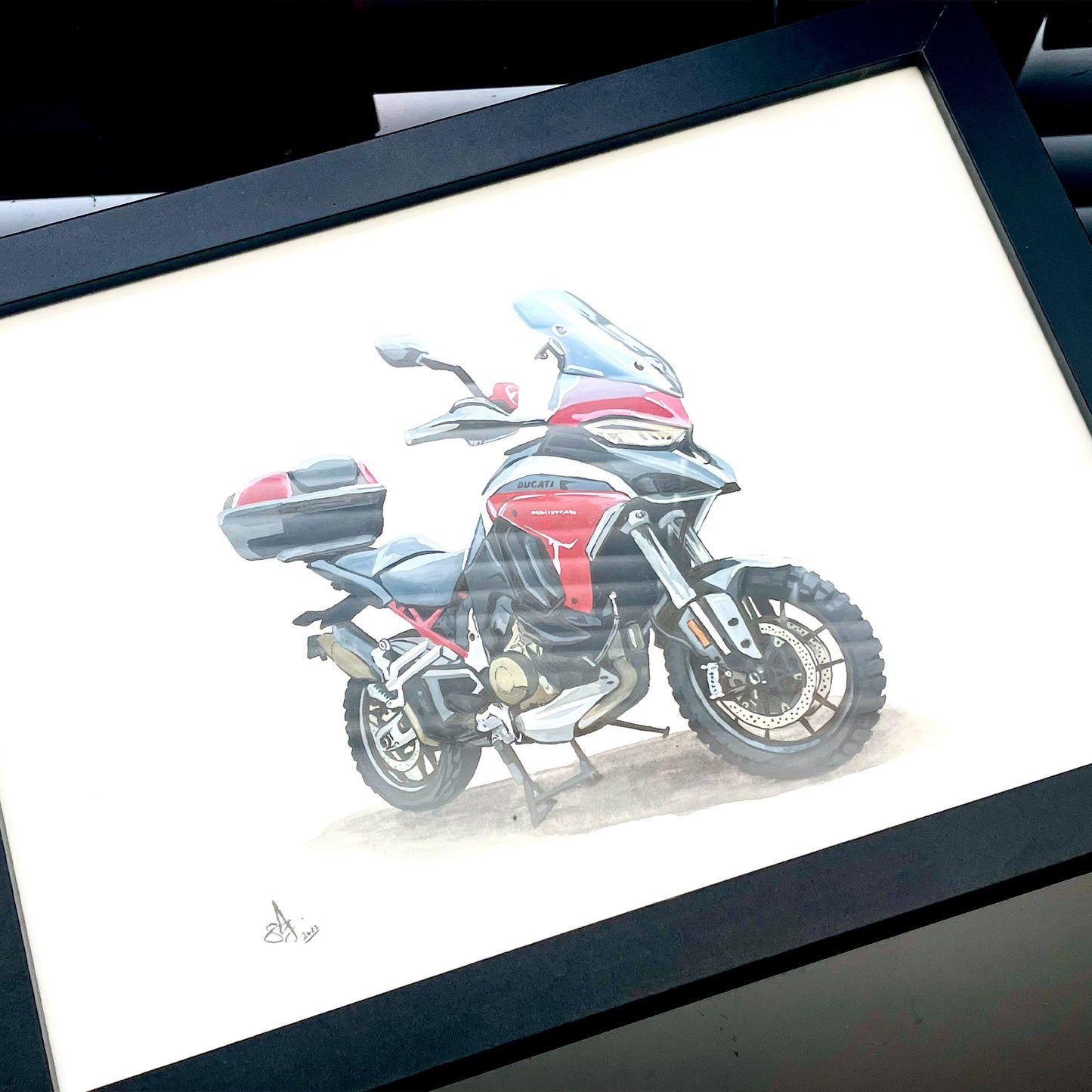 Custom watercolor and gouache painting of a motor bike.