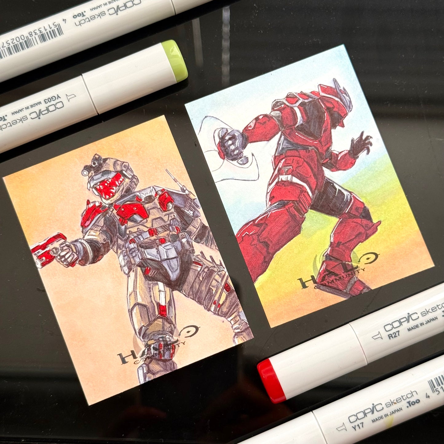 Two custom illustrated Halo sketch trading cards