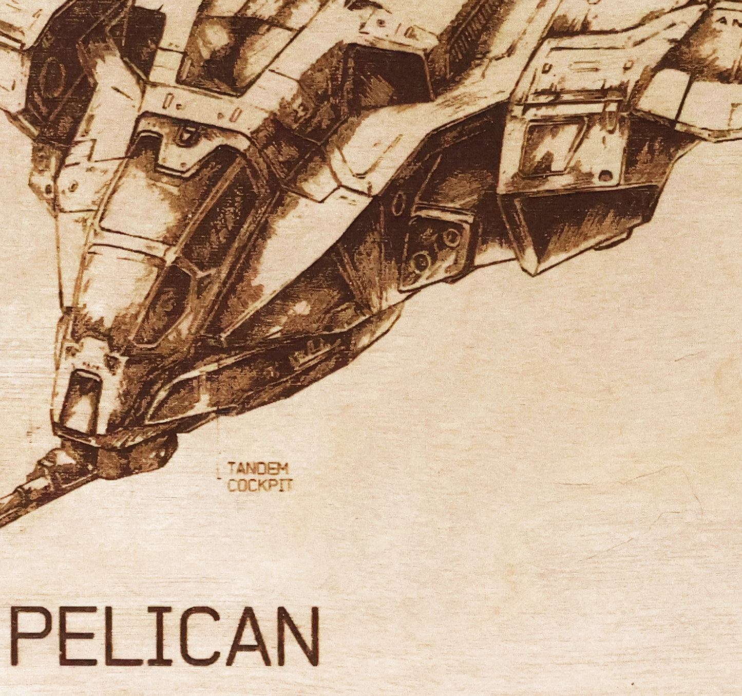 DC77-TC Pelican LayaBoard Art laser-engraved fan art display plaque closeup.