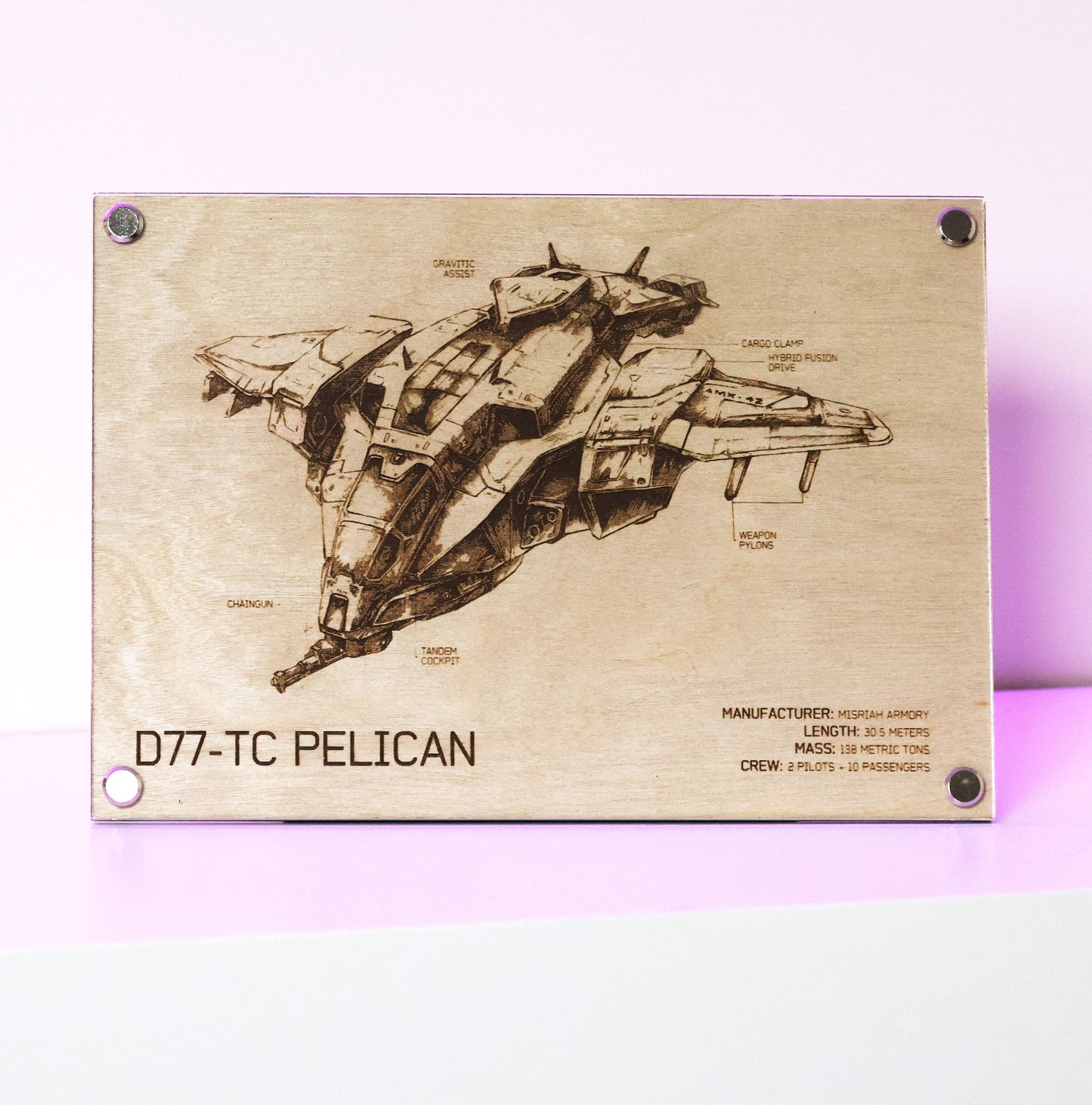 DC77-TC Pelican LayaBoard Art displayed on table. This intricately laser-engraved fan art display plaque combines classic aesthetics with a minimalist presentation.
