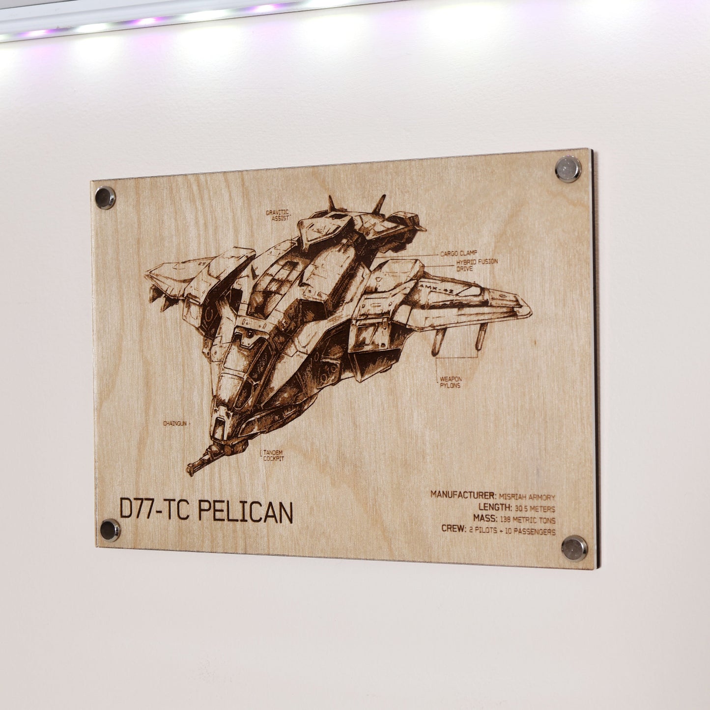 DC77-TC Pelican LayaBoard Art laser-engraved fan art display plaque displayed on wall.