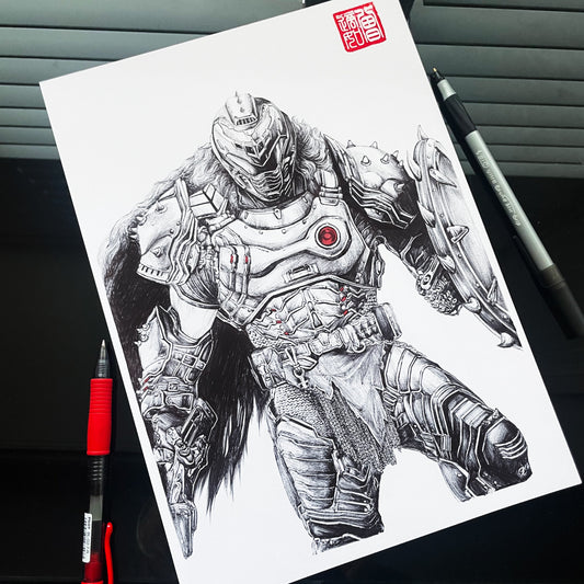 This high-quality DOOM fan art print portraying Doom Slayer with his Super Shotgun & Shield Saw.