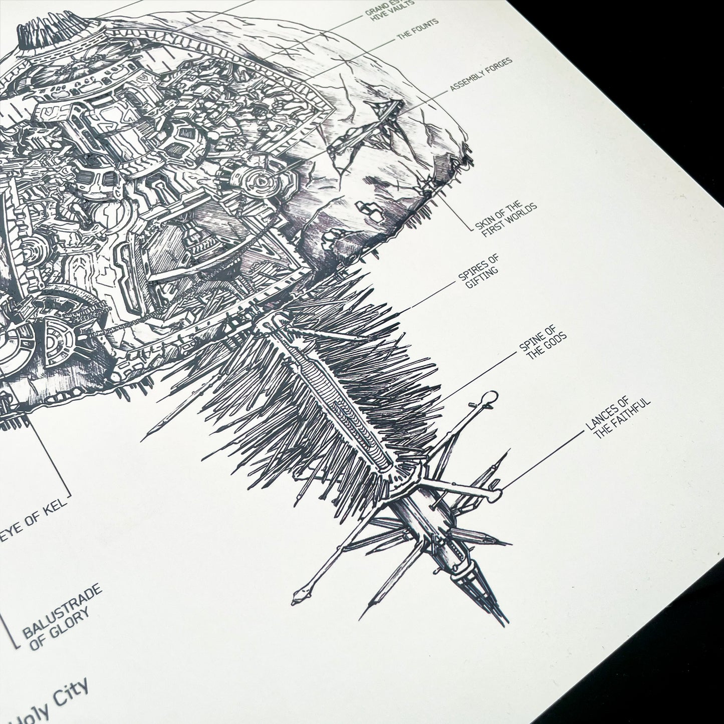 Closeup on bottom right detailed of Halo art print, High Charity Ship Diagram.