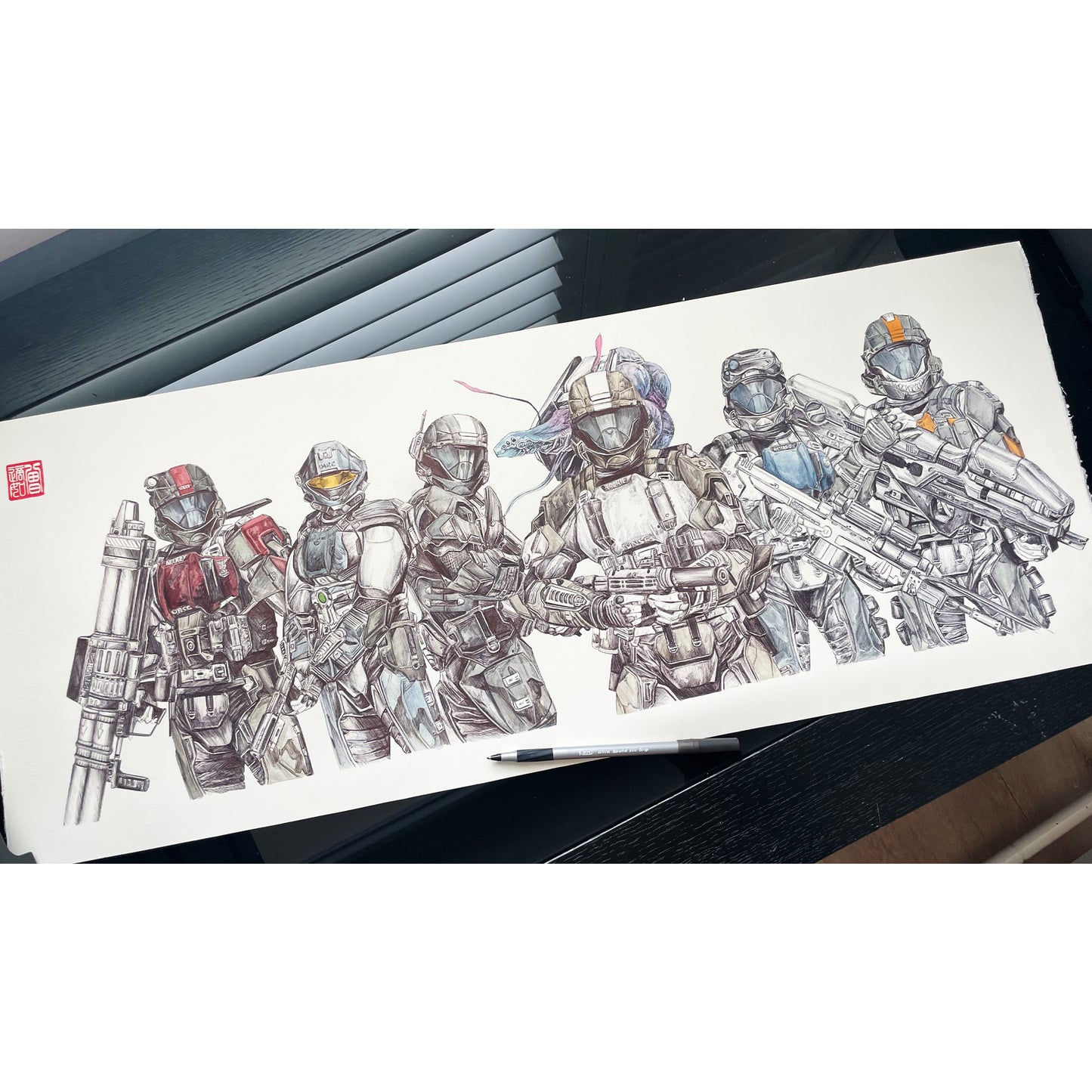 Limited run print of Entransing hand drawn fan art inspired by the popular and beloved Halo ODST squad, Alpha Nine plus special guest, Virgil.