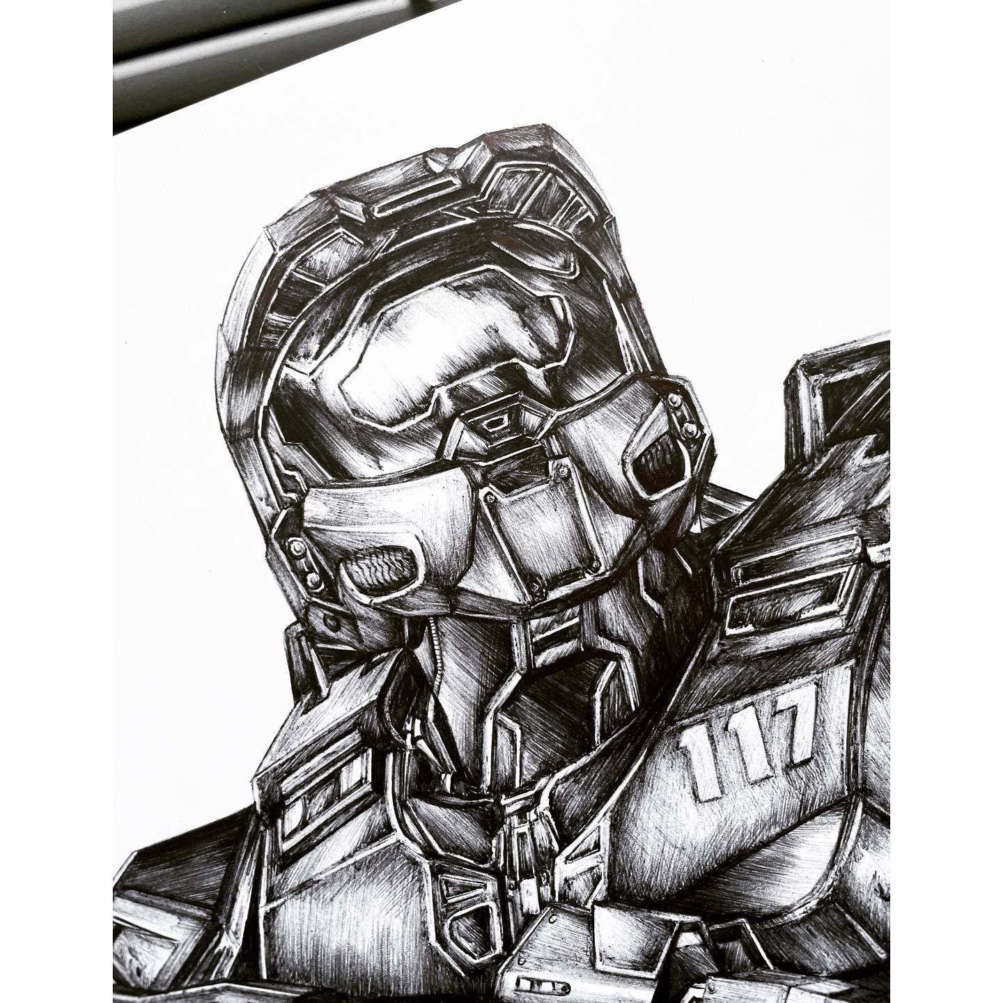 Closeup of Halo art print inspired by Halo Infinite, featuring Master Chief Petty Officer John-117, on his iconic Mark VI helmet.