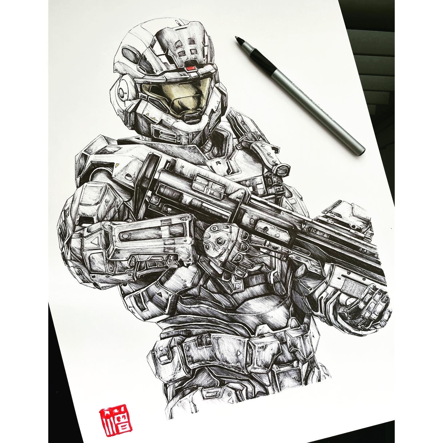 Halo-inspired art print of Lieutenant Spartan-B312, Noble Six of NOBLE Team. This hand-drawn artwork depicts the Spartan-III super soldier.