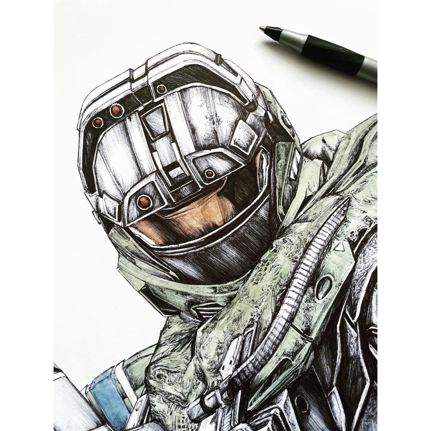 Closeup of the Halo-inspired art print of Warrant Officer Jun-A266, Noble Three of NOBLE Team. This hand-drawn artwork portrays Jun as the Headhunter and Marksman.