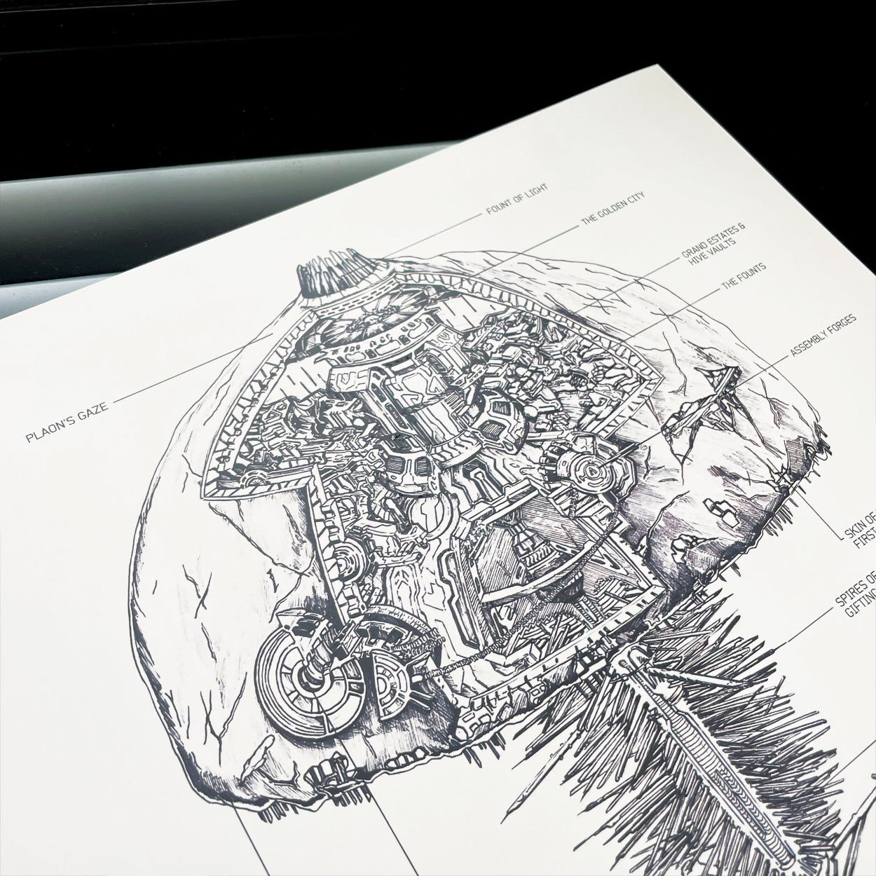 Closeup on top right detailed of Halo art print, High Charity Ship Diagram poster.