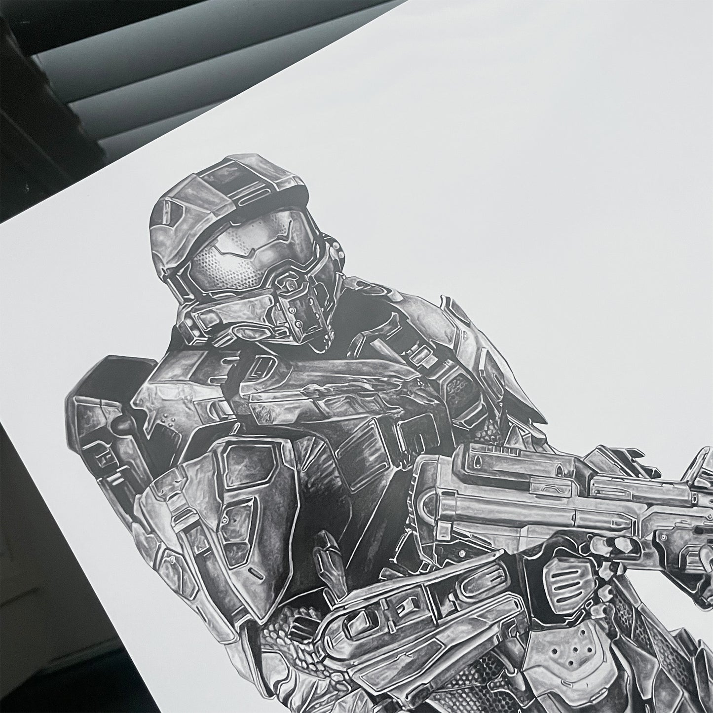 Master Chief and Cortana art print poster closeup on the iconic Master Chief armed with his assault rifle.