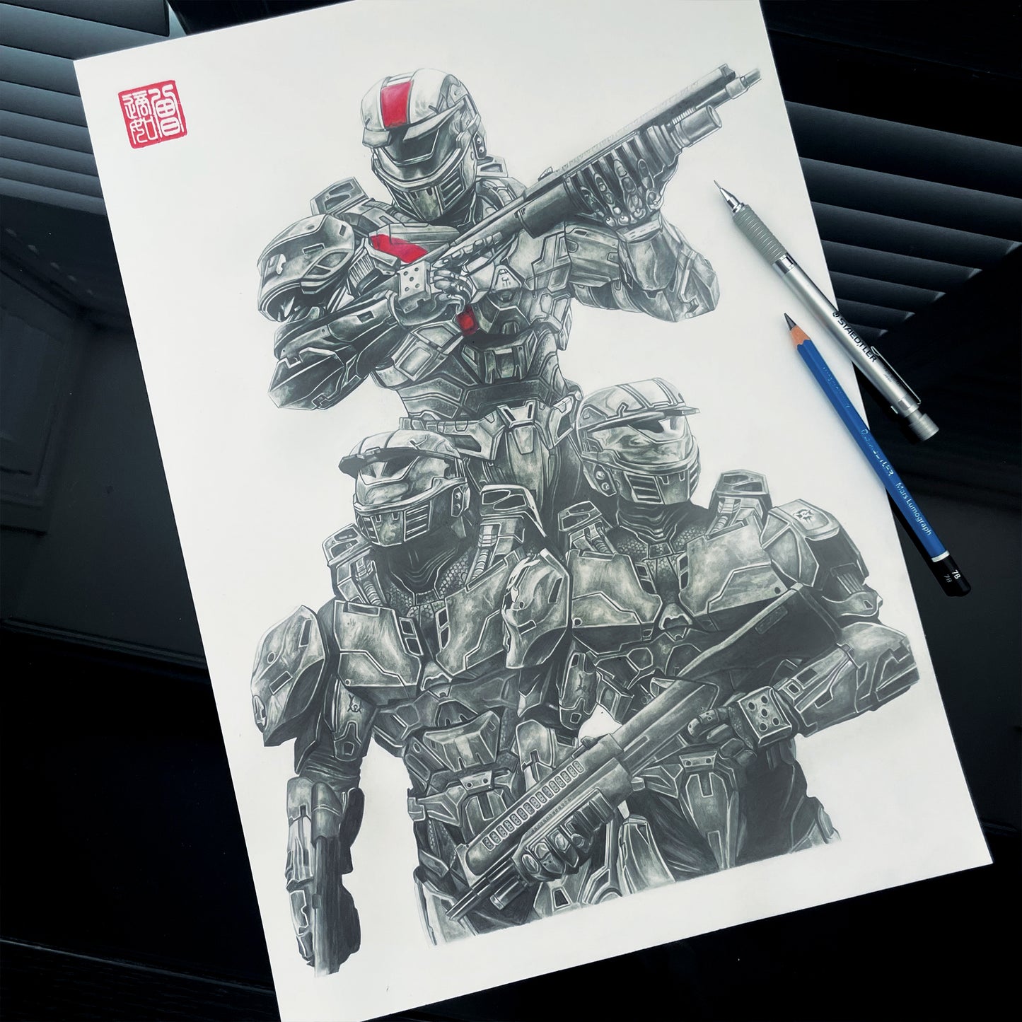 Original Spartan Fan Art Inspired by Halo Wars - Entransing's detailed drawing of Halo Red Team characters. High quality art print and poster available.