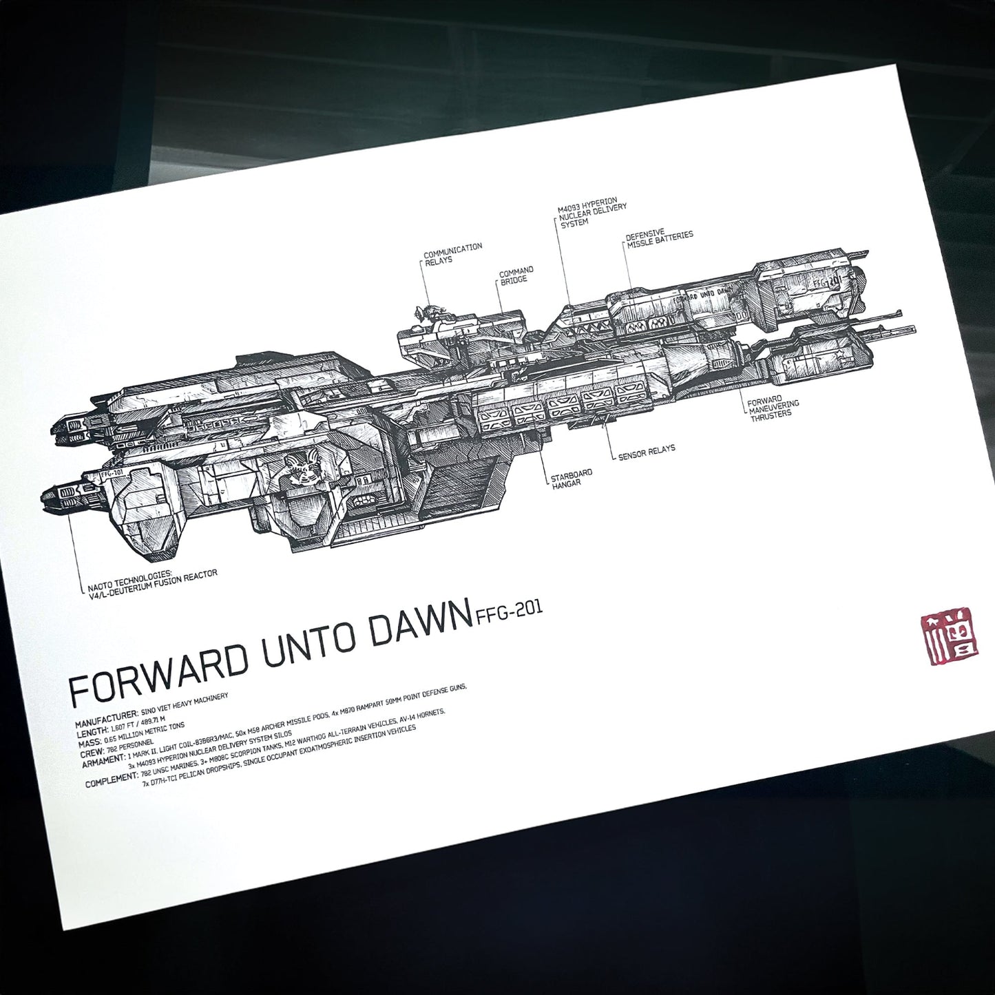 Halo’s iconic UNSC Forward Unto Dawn FFG-201 art print/poster with stunning blueprint-style diagram with detailed annotations.