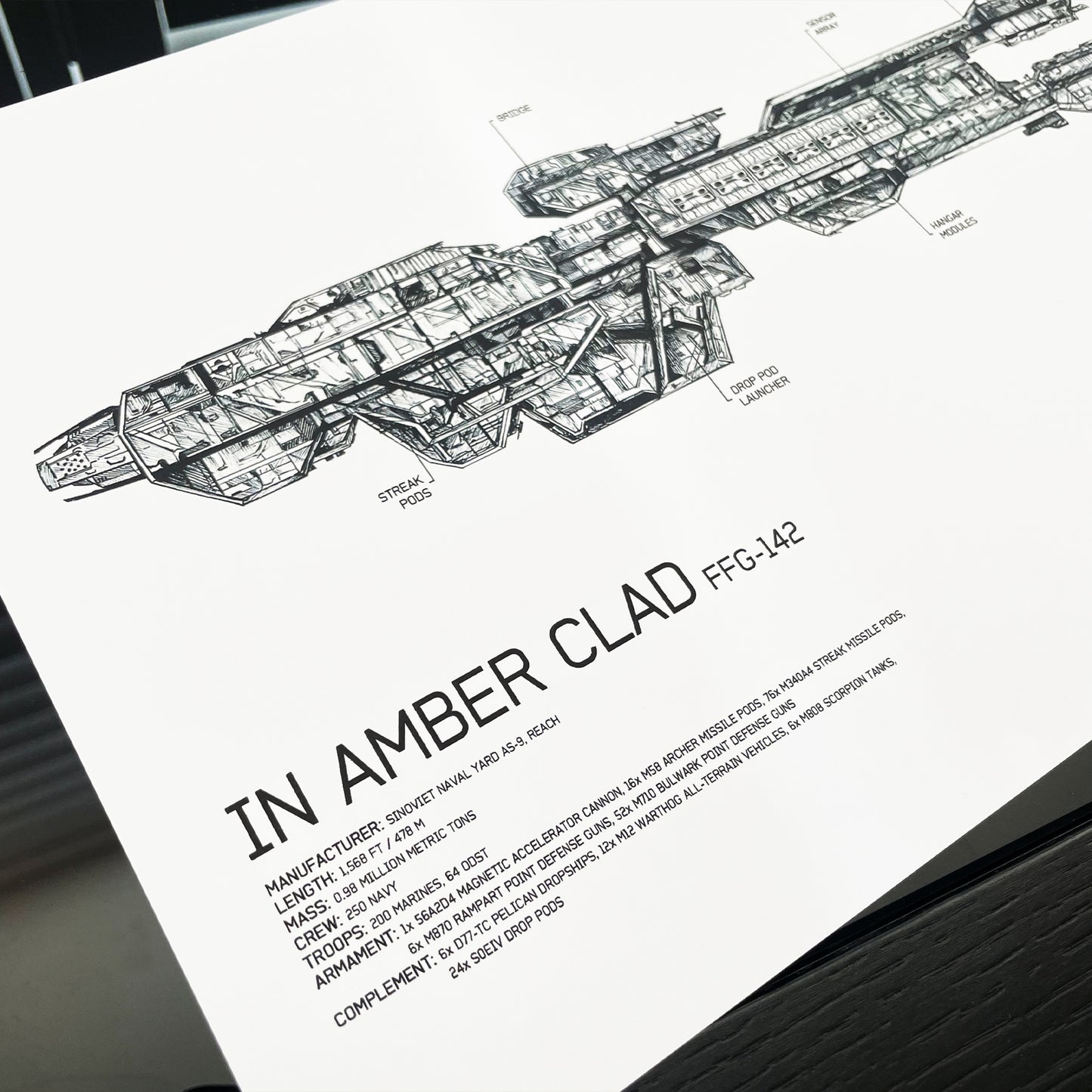 Halo UNSC, In Amber Clad, diagrammatical blueprint-style drawing art print/poster specifications closeup.