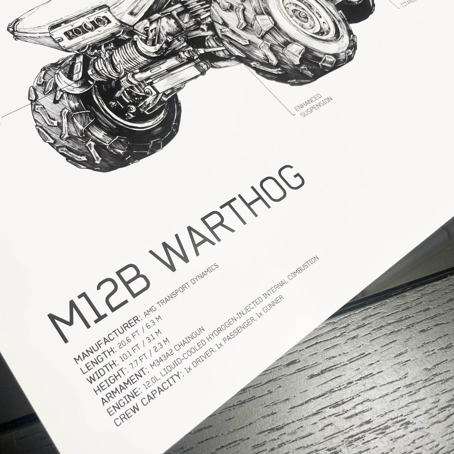 Closeup on specifications and annotations of hand-drawn Halo UNSC M12B Warthog vehicle diagram art print poster, blueprint-style