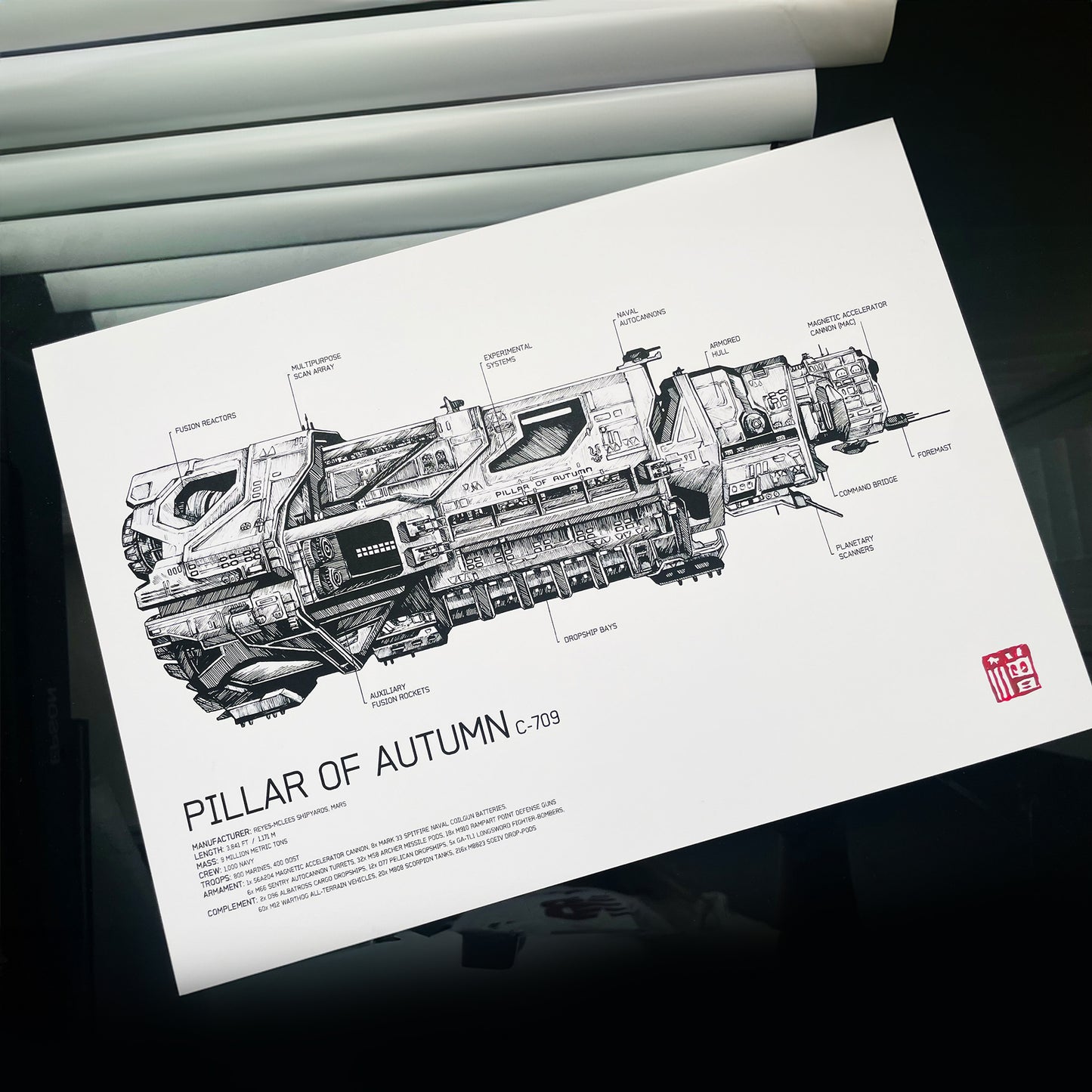 Halo legendary UNSC Pillar of Autumn C-709 art print/poster. This hand-drawn artwork features intricate ship specifications and annotations.
