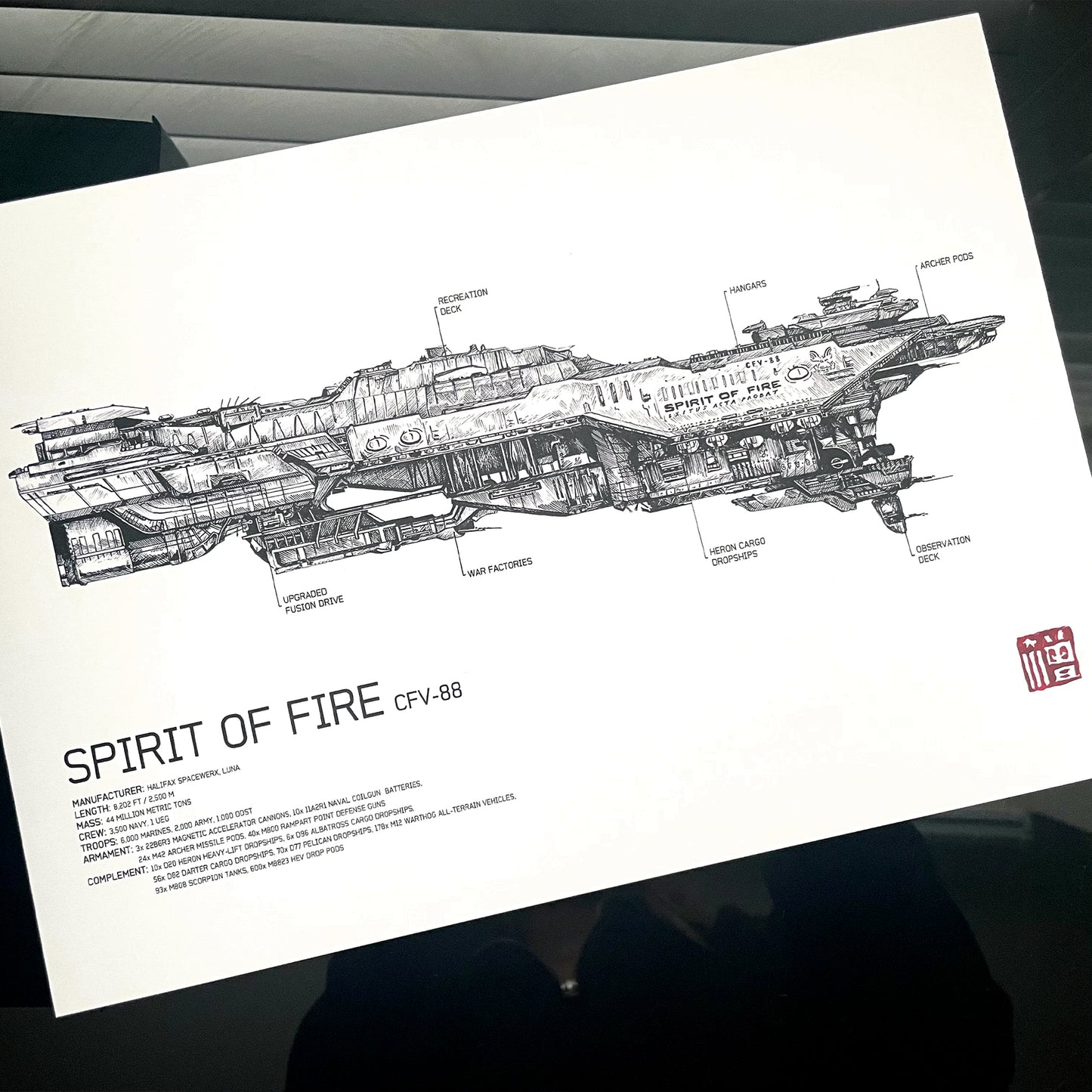 Halo’s legendary UNSC Spirit of Fire with stunning blueprint-style diagram art print/poster. Featuring intricate hand-drawn details of the Phoenix-class support vessel, this piece showcases ship specifications and annotations.