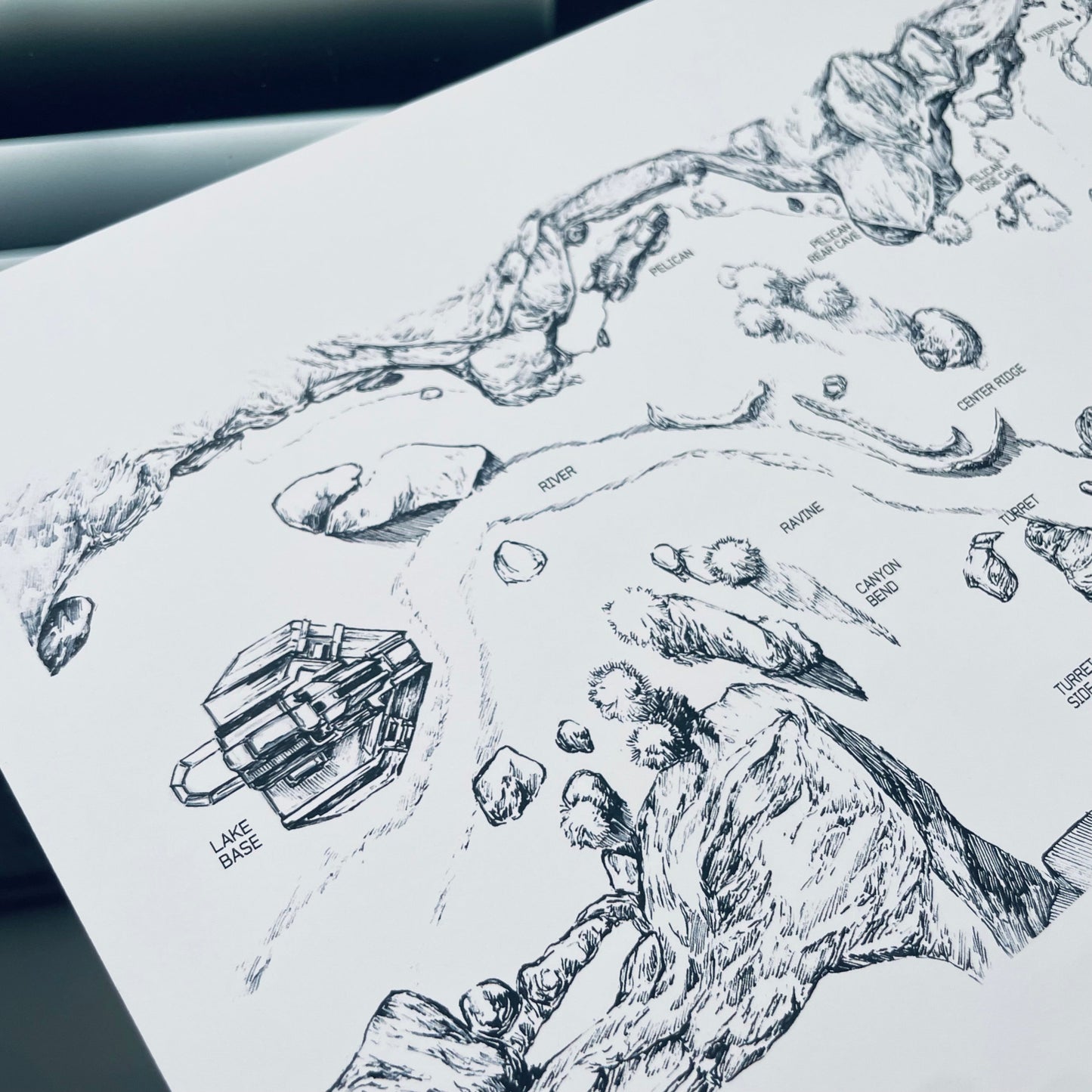 Closeup of original hand-drawn Valhalla map print, inspired by Halo 3.
