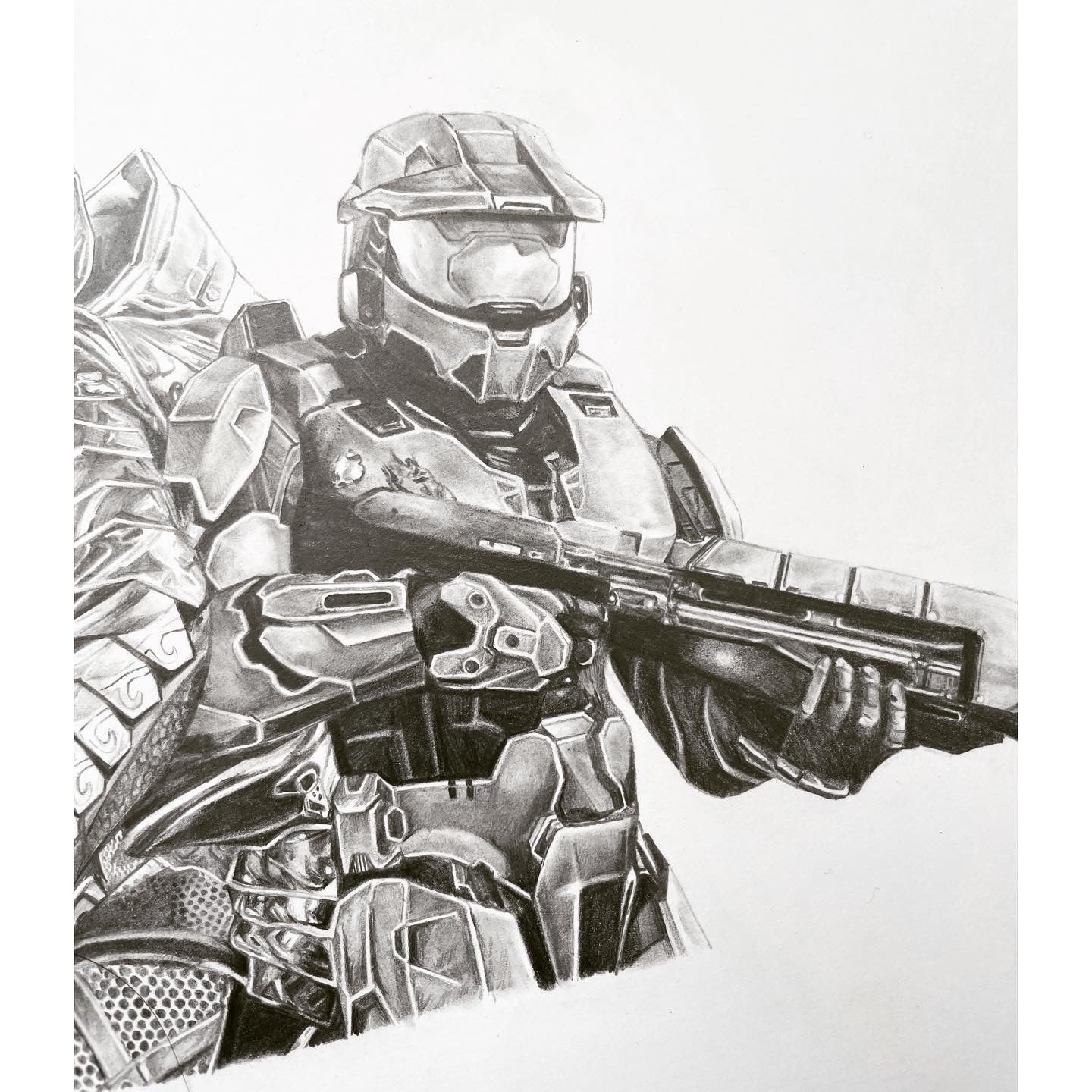 Hand drawn fan art of the iconic Halo duo, closeup on Master Chief, inspired by their legendary Halo 3 cutscene.