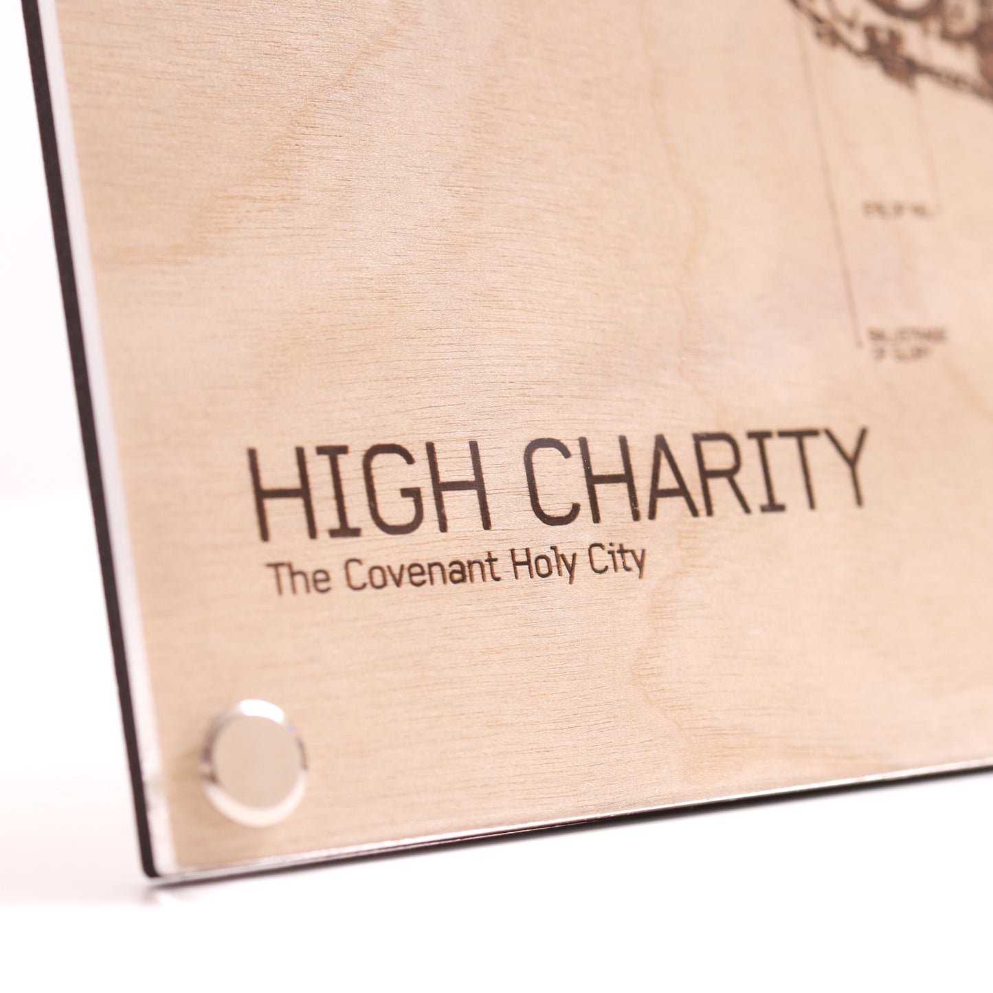 Halo-inspired laser-engraved plaque showcasing the Covenant ship, High Charity, bottom left corner detail closeup.