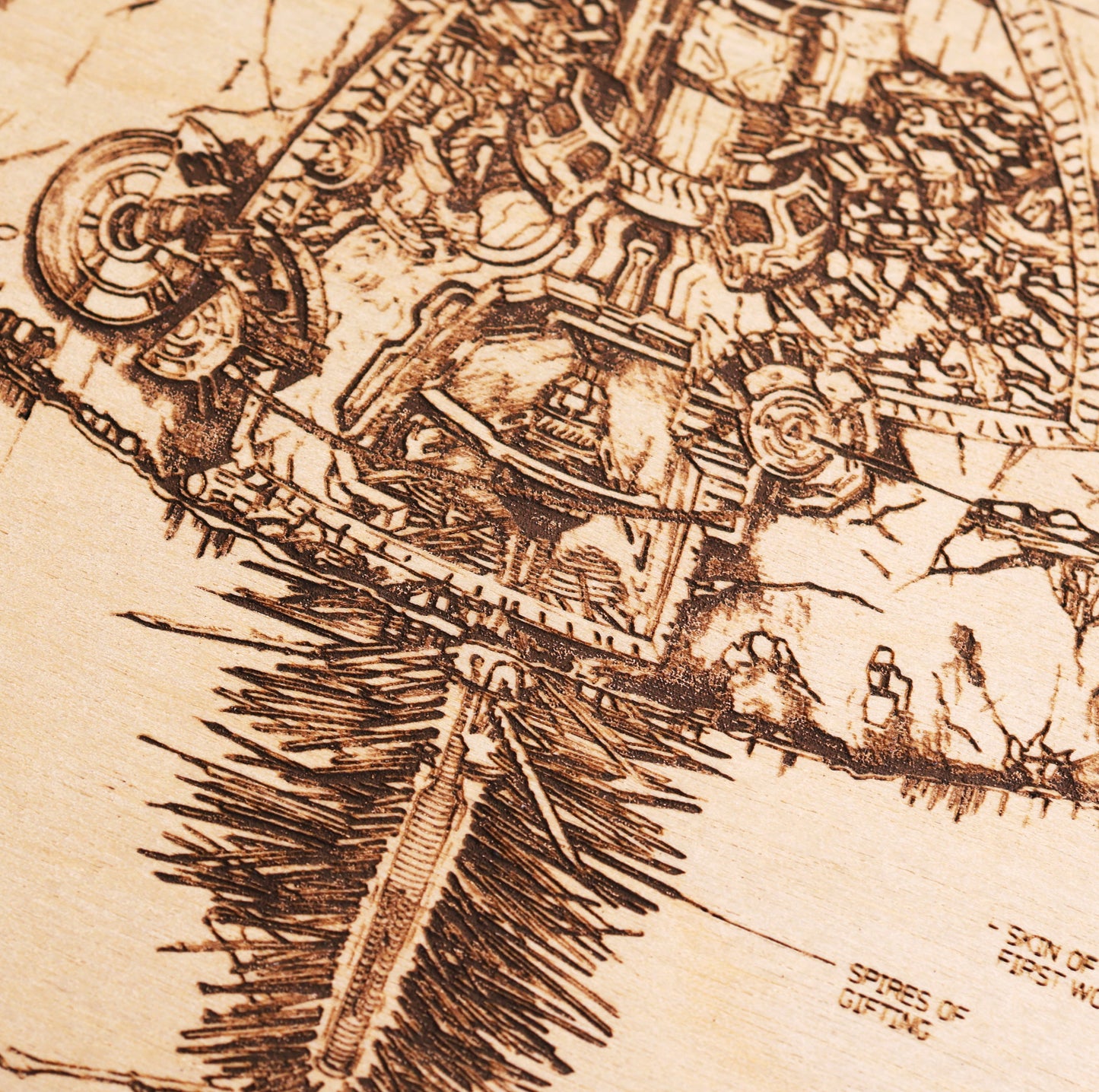 Halo-inspired laser-engraved plaque showcasing the Covenant ship, High Charity, in detail closeup.
