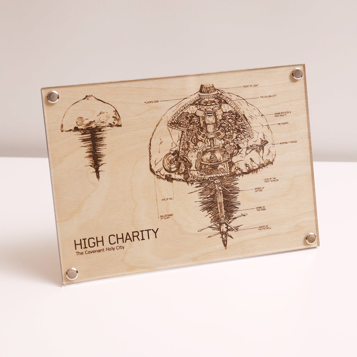 Halo-inspired laser-engraved plaque showcasing the Covenant ship, High Charity, in blueprint detail displayed on table.