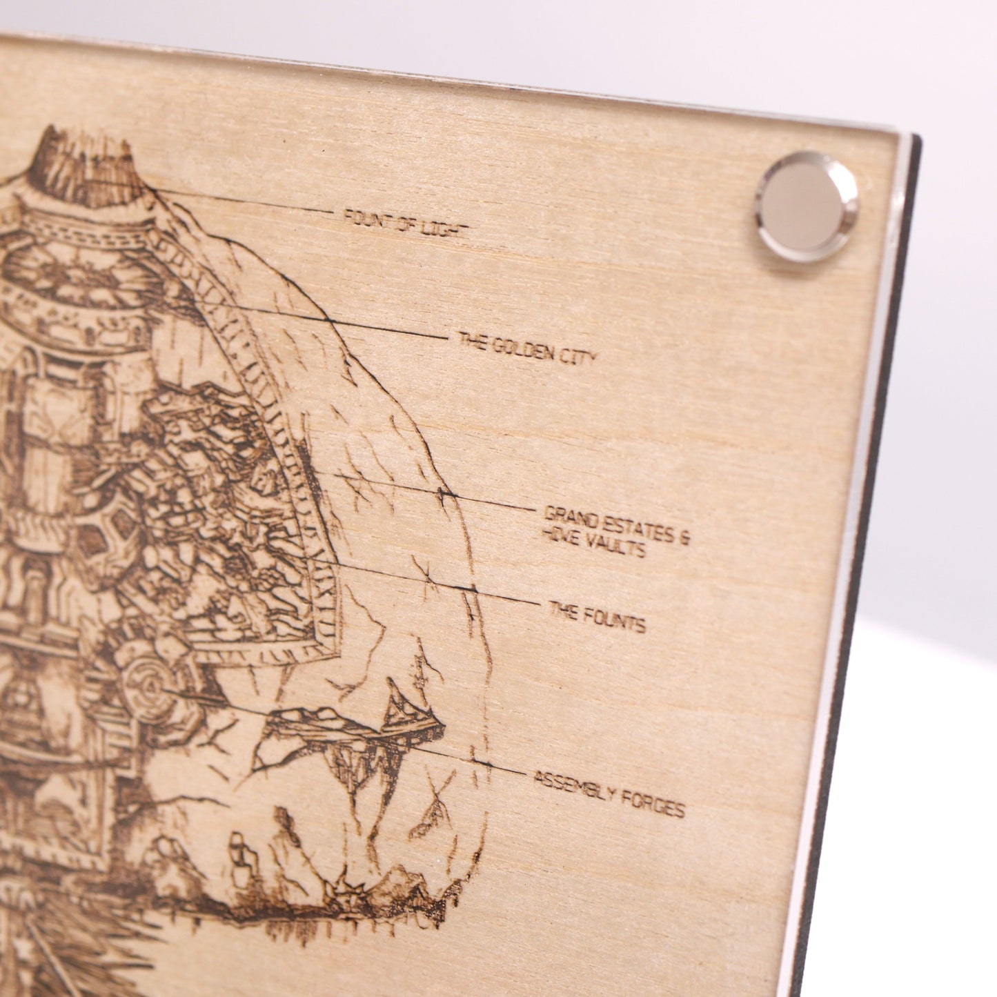 Halo-inspired laser-engraved plaque showcasing the Covenant ship, High Charity, top right corner detail closeup.