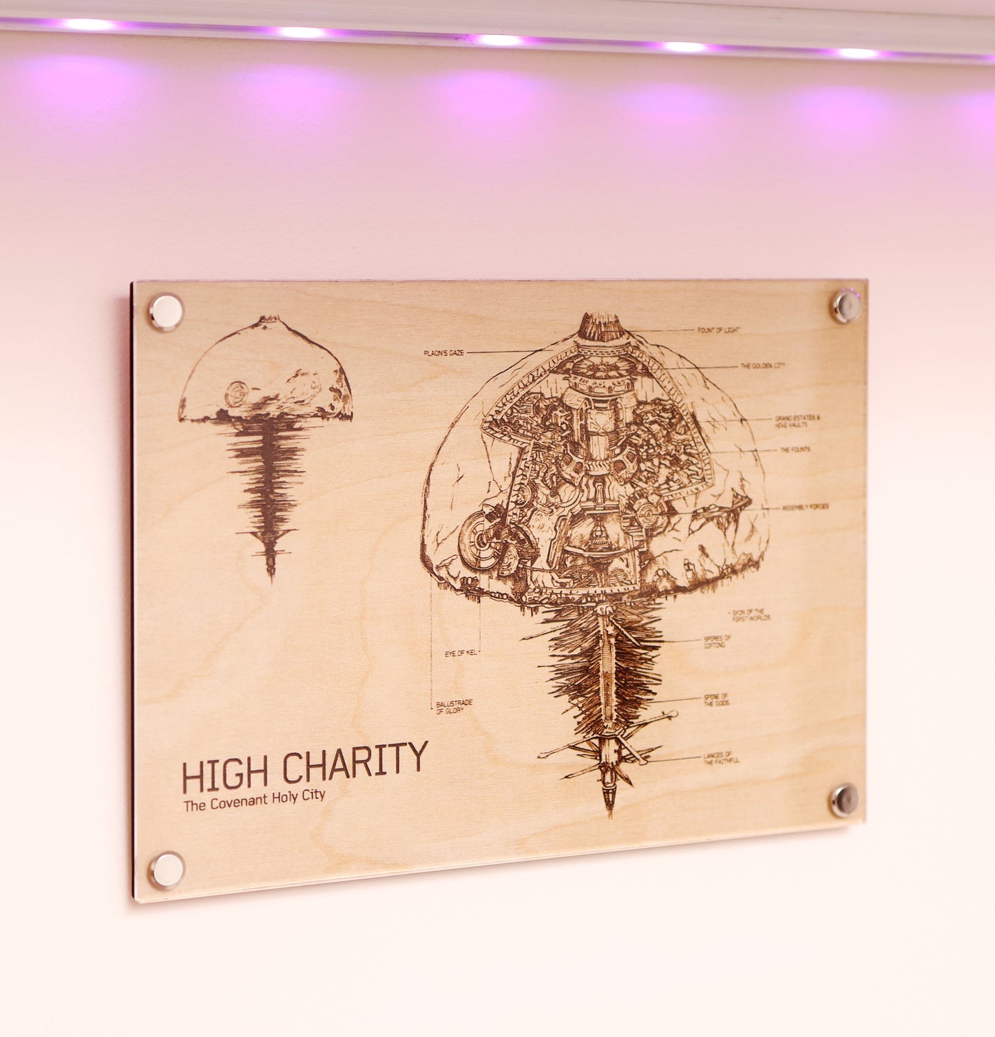 Halo-inspired laser-engraved plaque showcasing the Covenant ship, High Charity, in blueprint detail displayed on wall.