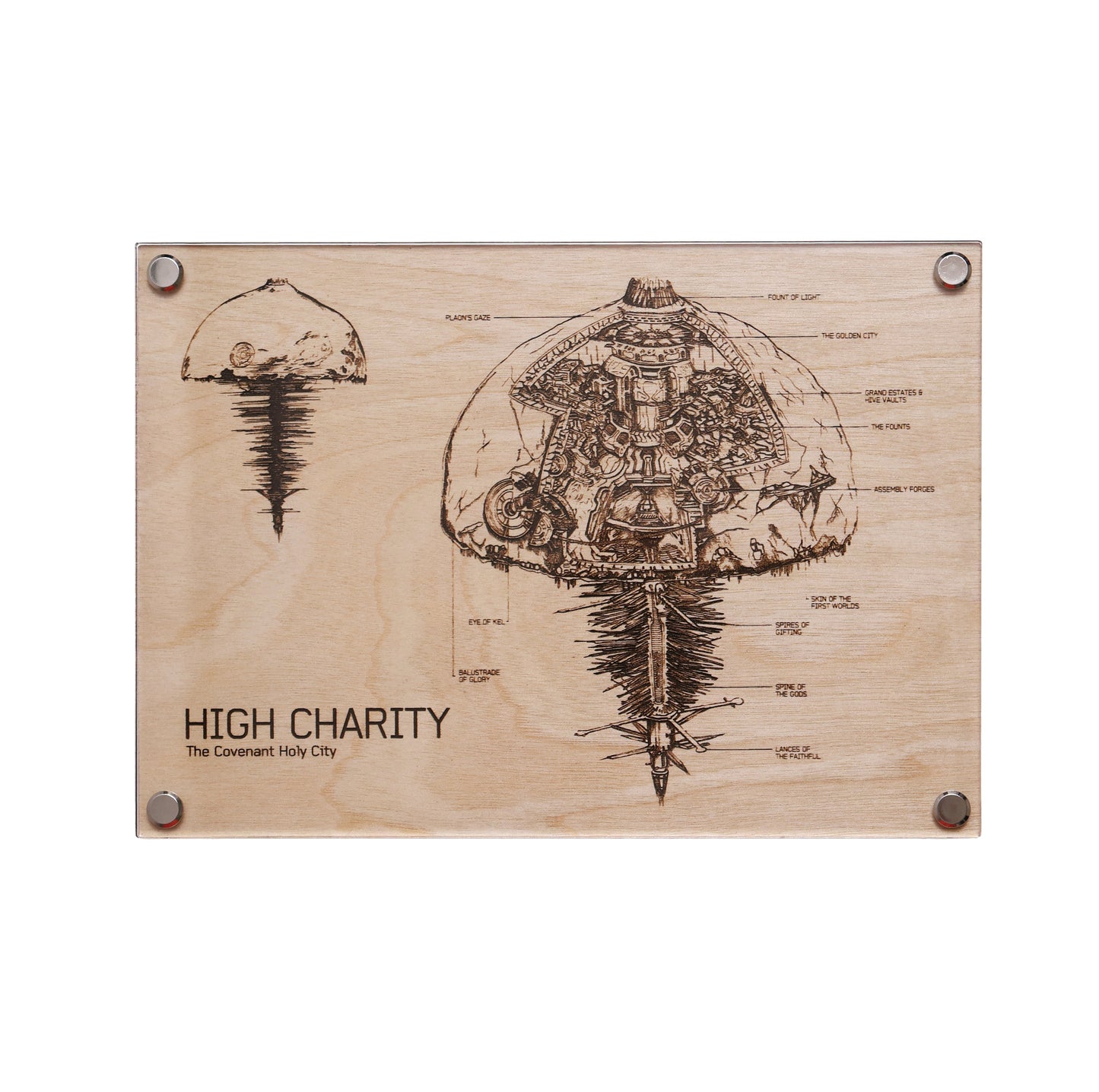 Halo-inspired laser-engraved plaque showcasing the Covenant ship, High Charity, in blueprint detail.