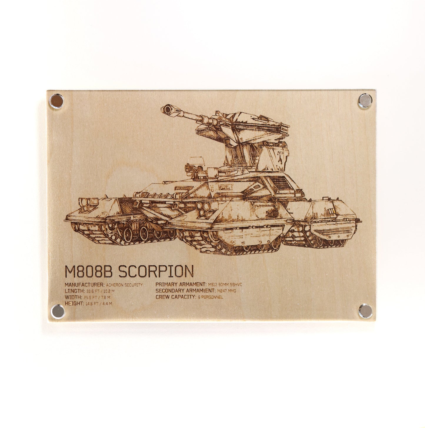 Unique interpretation of the iconic M808B Scorpion inspired by Halo. Illustrated by Entransing Art and laser etched on birch veneered timber, this piece combines classic aesthetics with a minimalist presentation. Available in A5 size and framed in trademarked LayaBoard design.