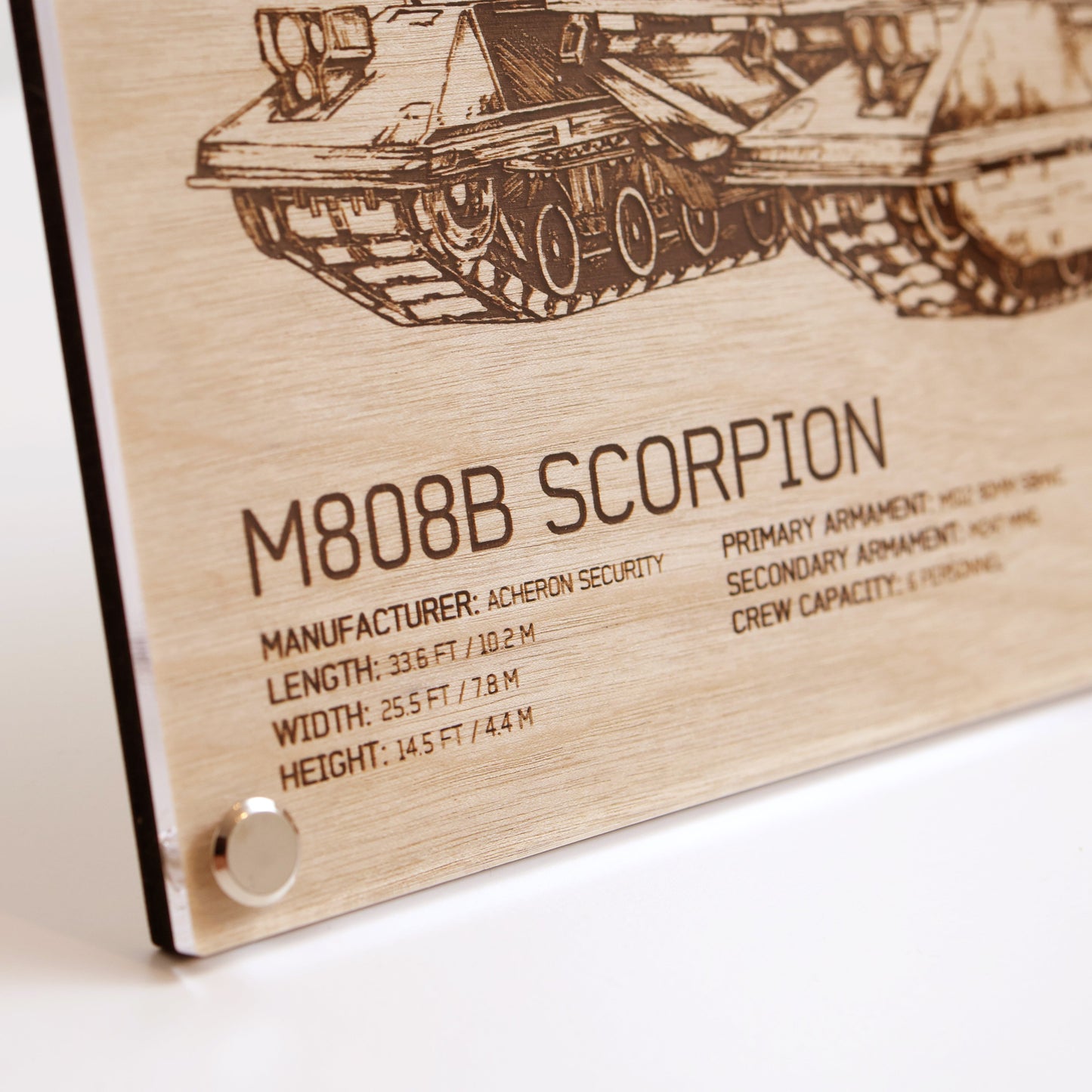 Unique laser-engraved plaque, LayaBoard Art M808B Scorpion inspired by Halo closeup on lower left corner.
