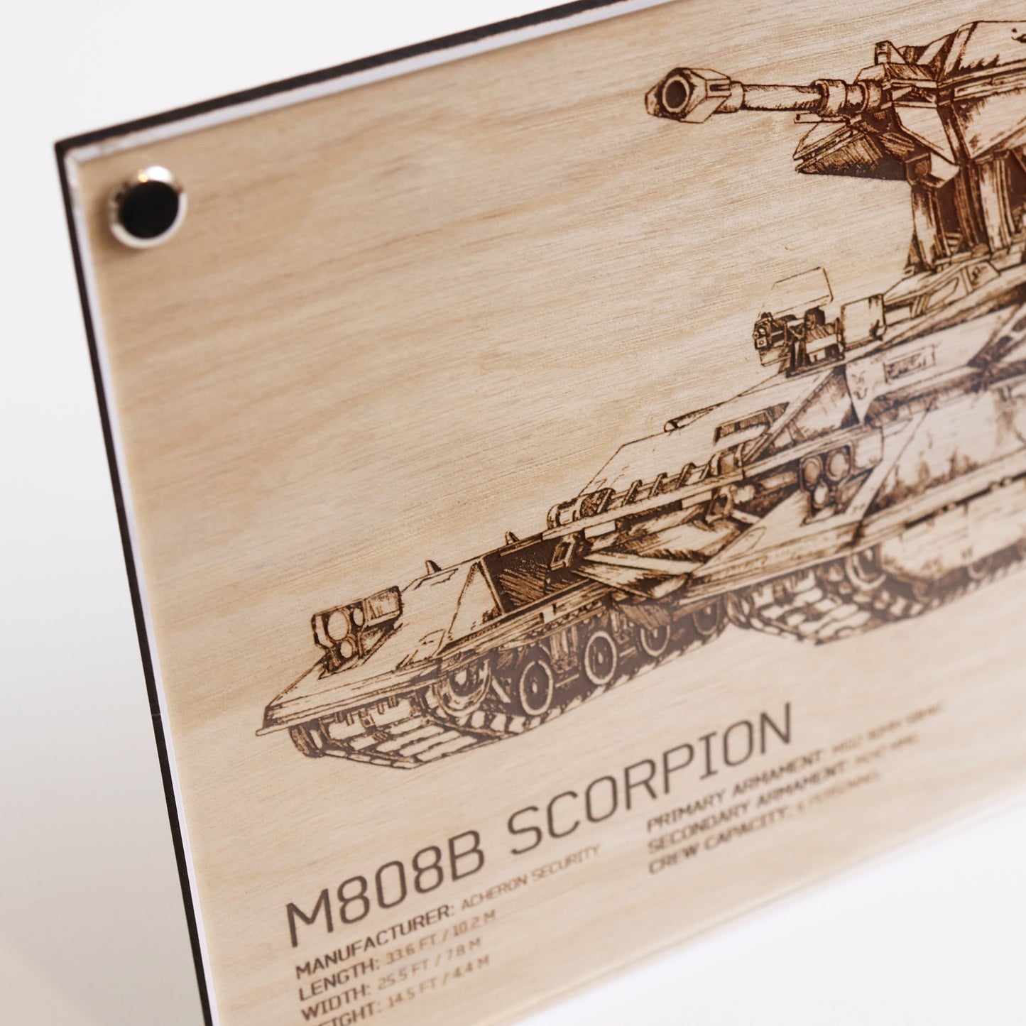 Unique laser-engraved plaque, LayaBoard Art M808B Scorpion inspired by Halo closeup on upper left corner.