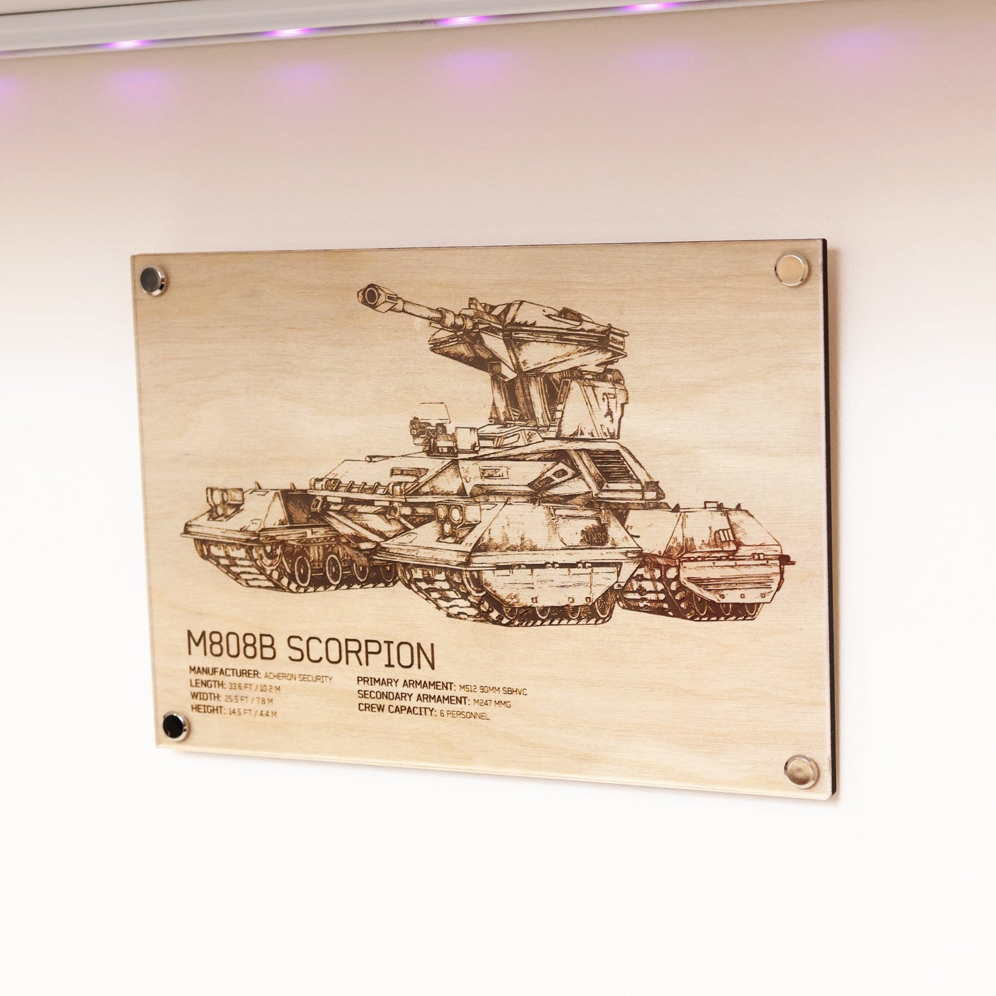 Unique laser-engraved plaque, wall display of legendary M808B Scorpion inspired by Halo. Crafted on birch timber and framed in a sleek LayaBoard Art design, this A5 art piece features stunning blueprint-style details.