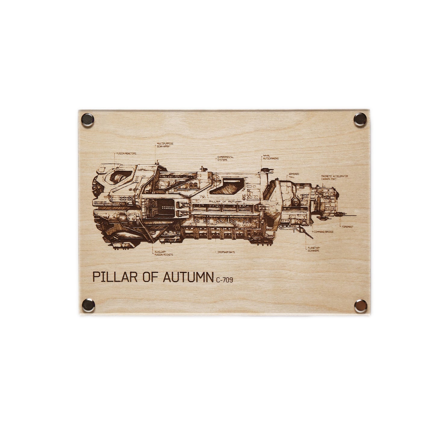 Pillar of Autumn UNSC Ship Diagram LayaBoard Art. One-of-a-kind laser-engraved plaque showcasing the iconic Pillar of Autumn UNSC ship from Halo, in a detailed blueprint style. Illustrated by Entransing, this premium artwork combines the warmth of timber with minimalist acrylic.
