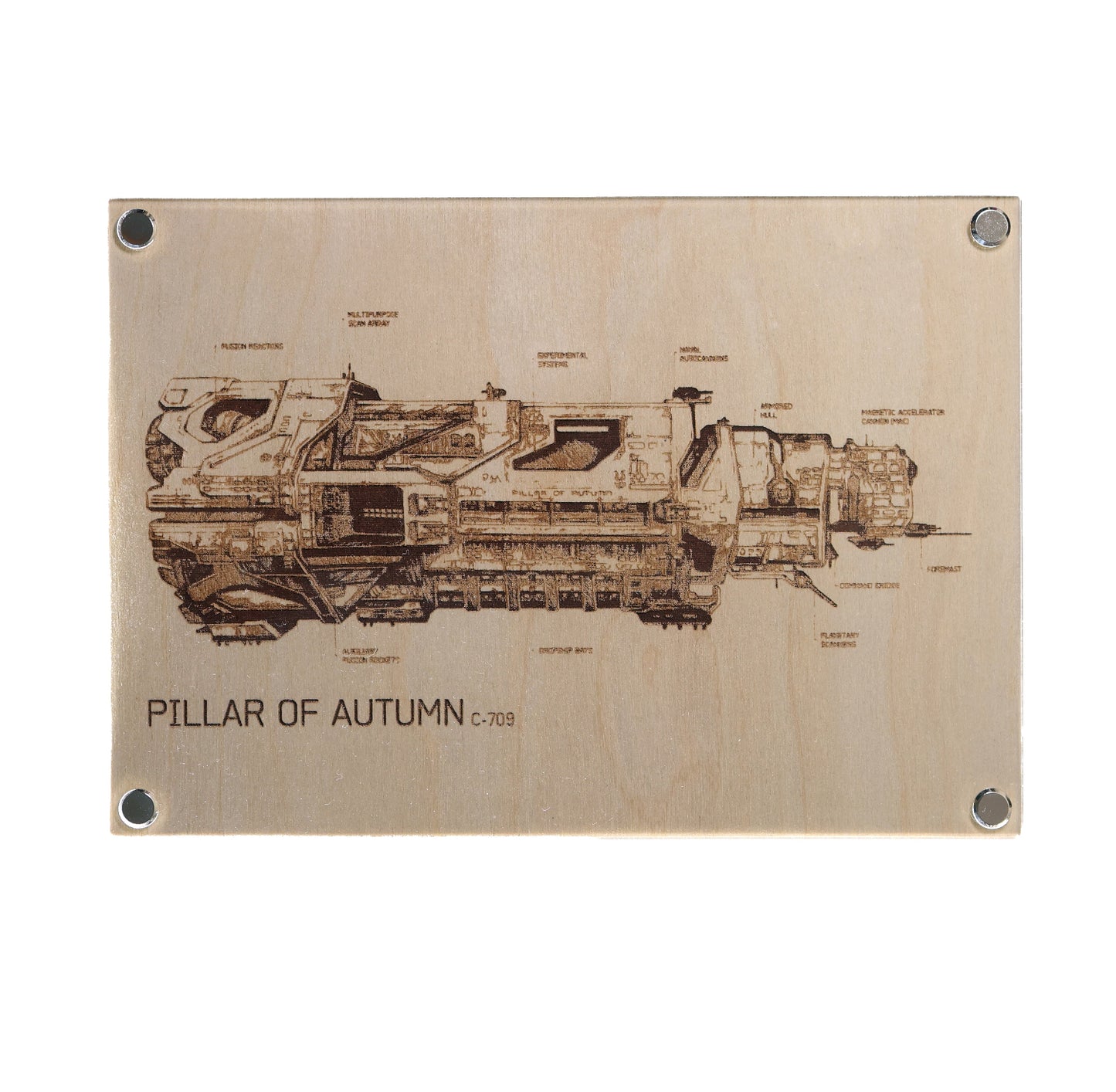 One-of-a-kind laser-engraved plaque showcasing the iconic Pillar of Autumn UNSC ship from Halo, in a detailed blueprint style. Illustrated by Entransing, this premium artwork combines the warmth of timber with minimalist acrylic.
