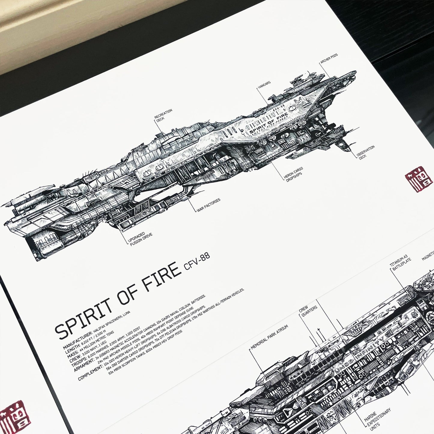 UNSC Spirit of Fire ship art print/poster - sci-fi print/poster depicting the UNSC Spirit of Fire, highlighting its structure, engines and scale.