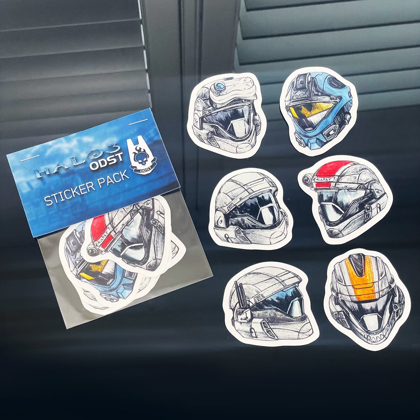 Halo 3: ODST Alpha Nine Vinyl Sticker Pack, high-quality vinyl stickers with vivid colors and sharp image clarity, showing details of 6 original designs of each member of Alpha Nine, all hand-drawn and designed by Entransing.