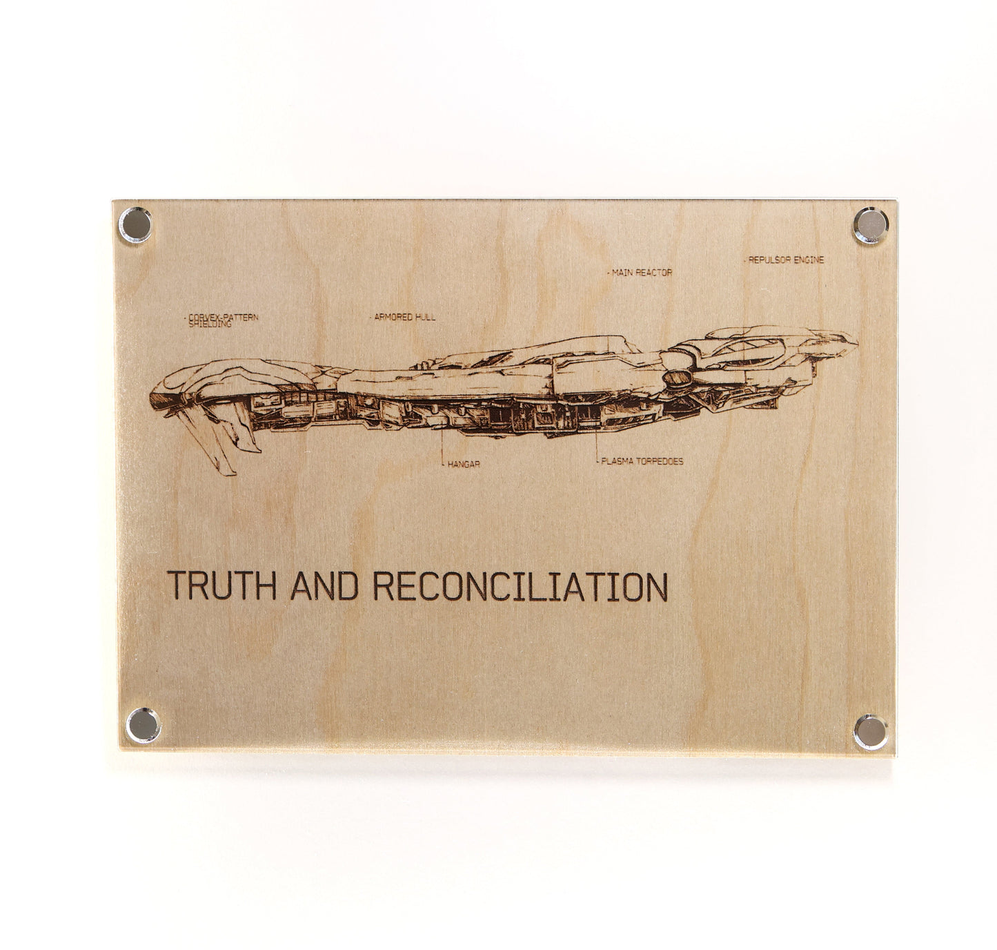 Laser engraved arkwork plaque, inspired by Halo. A representation of the legendary Covenant ship, the Truth and Reconciliation, in a blueprint style format with detailed annotations. This Truth and Reconciliation Ship Diagram LayaBoard Art combines classic aesthetics with a minimalist presentation.