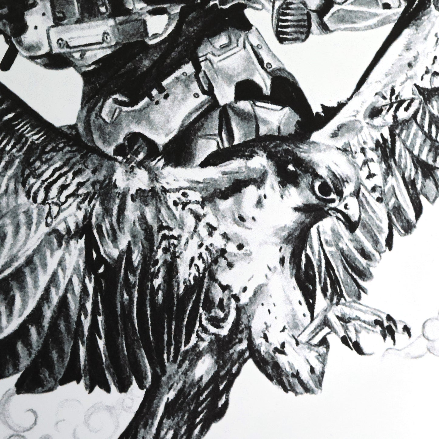 With close-up of falcon hand‑drawn Halo art print of the HAYABUSA armour, featuring its iconic samurai‑inspired design.