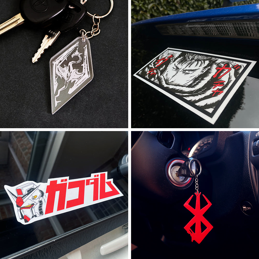 Collage of pop culture themed keyrings and decals for decorating your car.