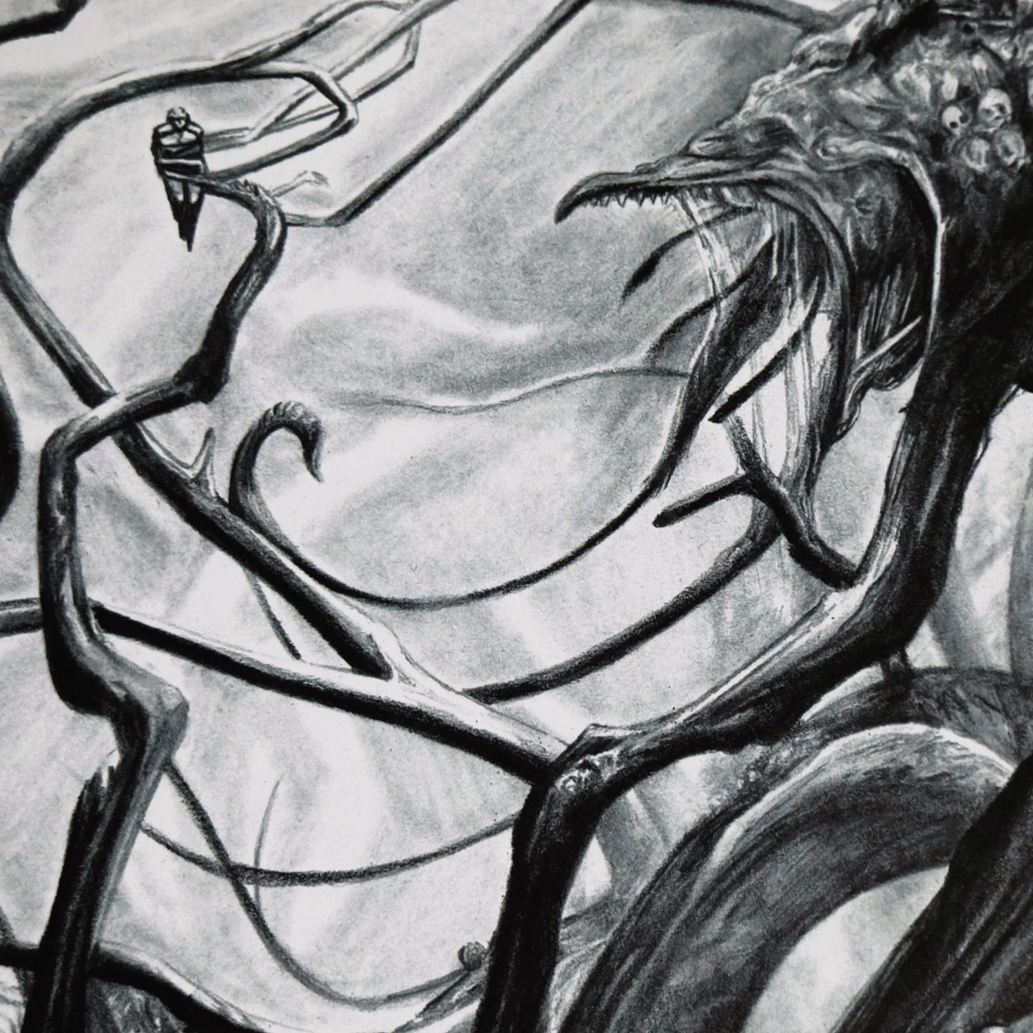 A second close-up of a hand‑drawn Halo art print of the Gravemind, depicting its massive tendrils and menacing presence during its confrontation with Master Chief. Dark, detailed sci‑fi fan art.