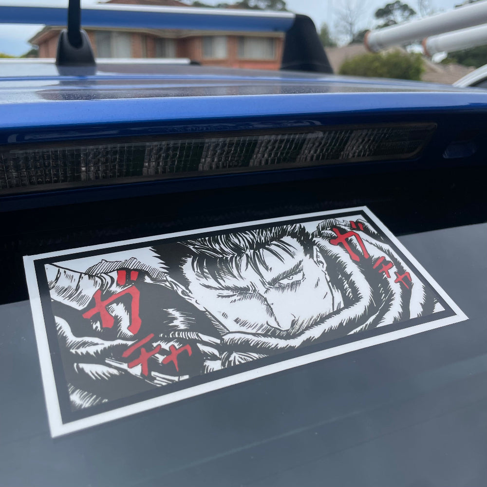 Berserk - Guts Decal. This decal features a vinyl base and lamination, making it suitable for both indoor and outdoor use. It's ideal for decorating your car, personal belongings, or simply for adding to your art collection. Dimension: Approx. 16cm x 7.5cm